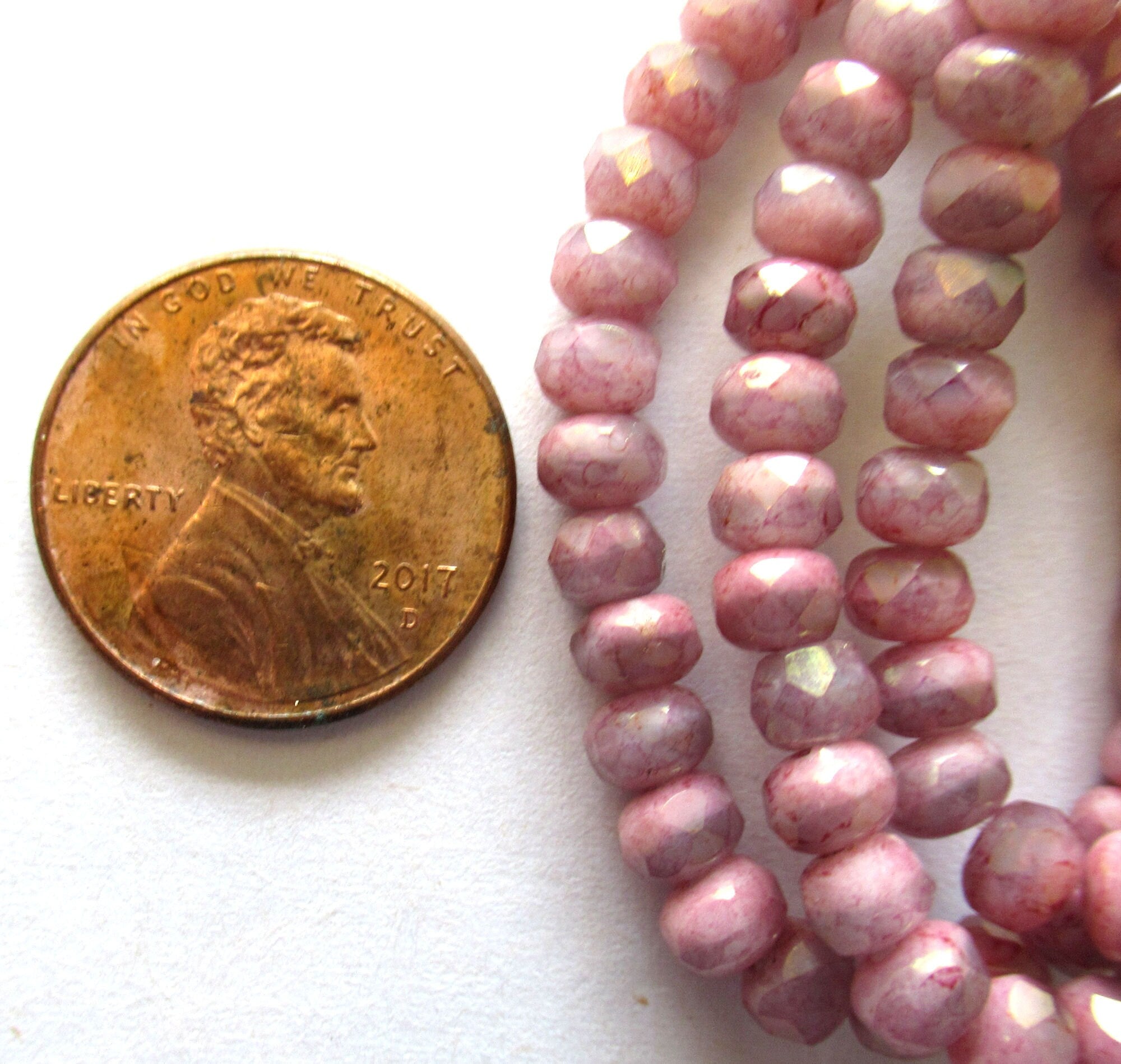 30 small Czech glass puffy rondelle beads - 3mm x 5mm opaque & transparent pink luster faceted fire polished rondelles - 00521