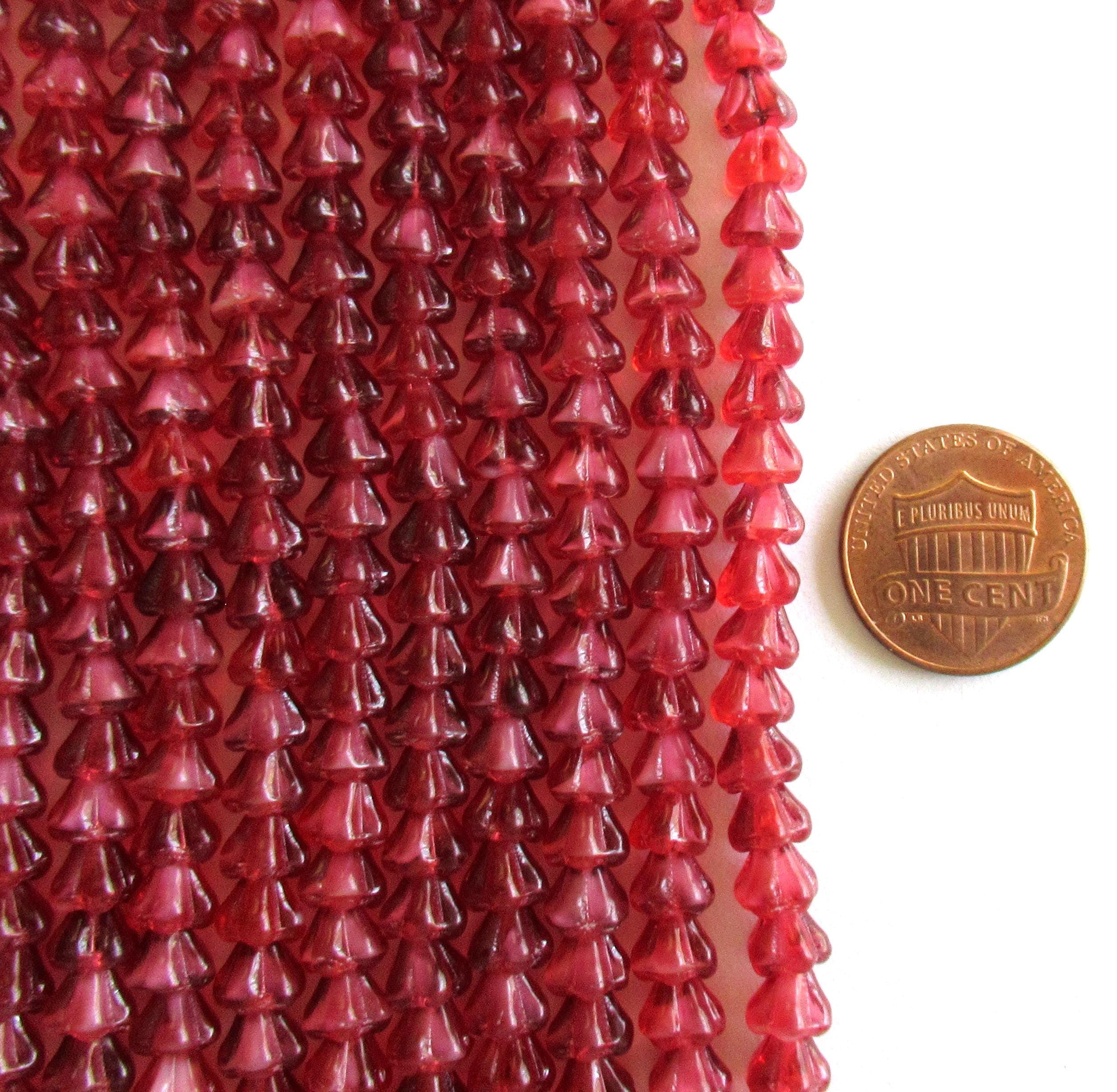 50 6mm x 4mm Czech glass baby bell flower beads - Pearl Fuchsia - dark raspberry pink beads with white hearts - pressed glass beads - C00611