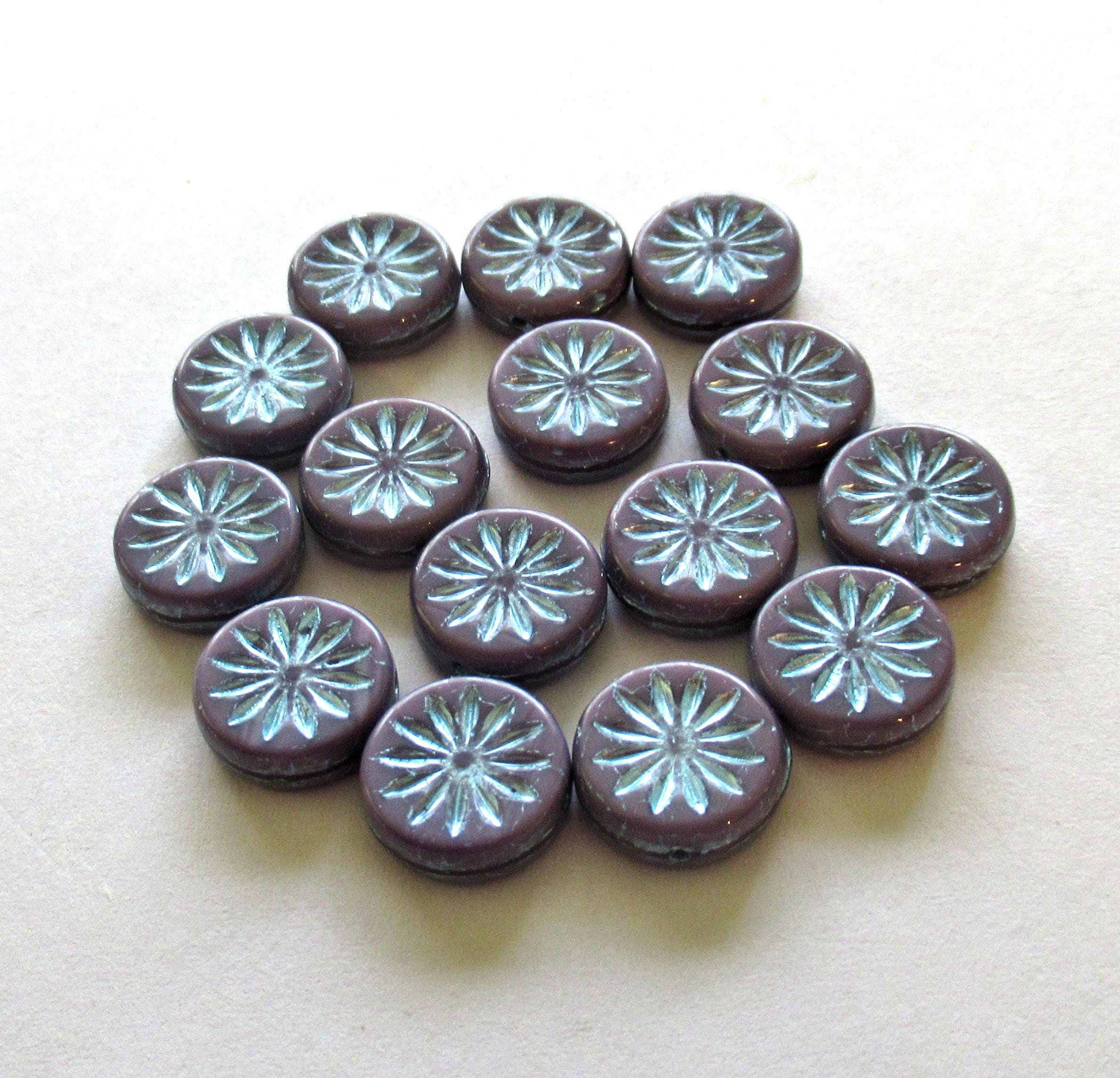 6 Czech glass coin beads - 12mm opaque purple Aster flower disc beads with a metallic blue wash - flat round beads - 00621