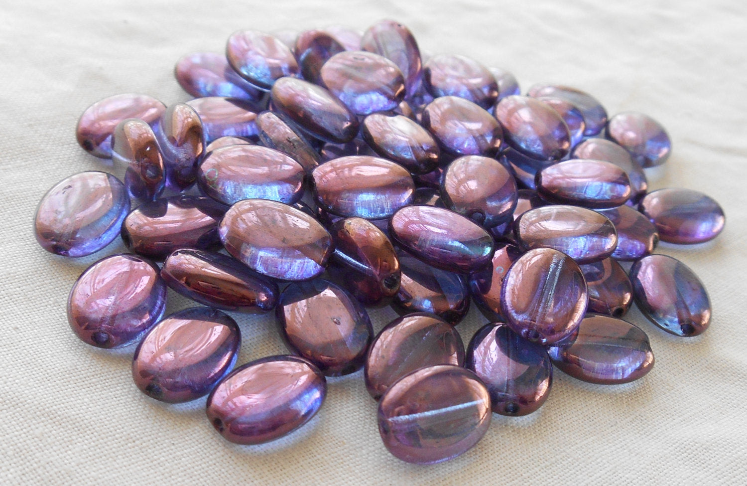 25 Lumi Amethyst, Purple Iridescent flat oval Czech Glass Pearl beads, 12mm x 9mm pressed glass beads C0095
