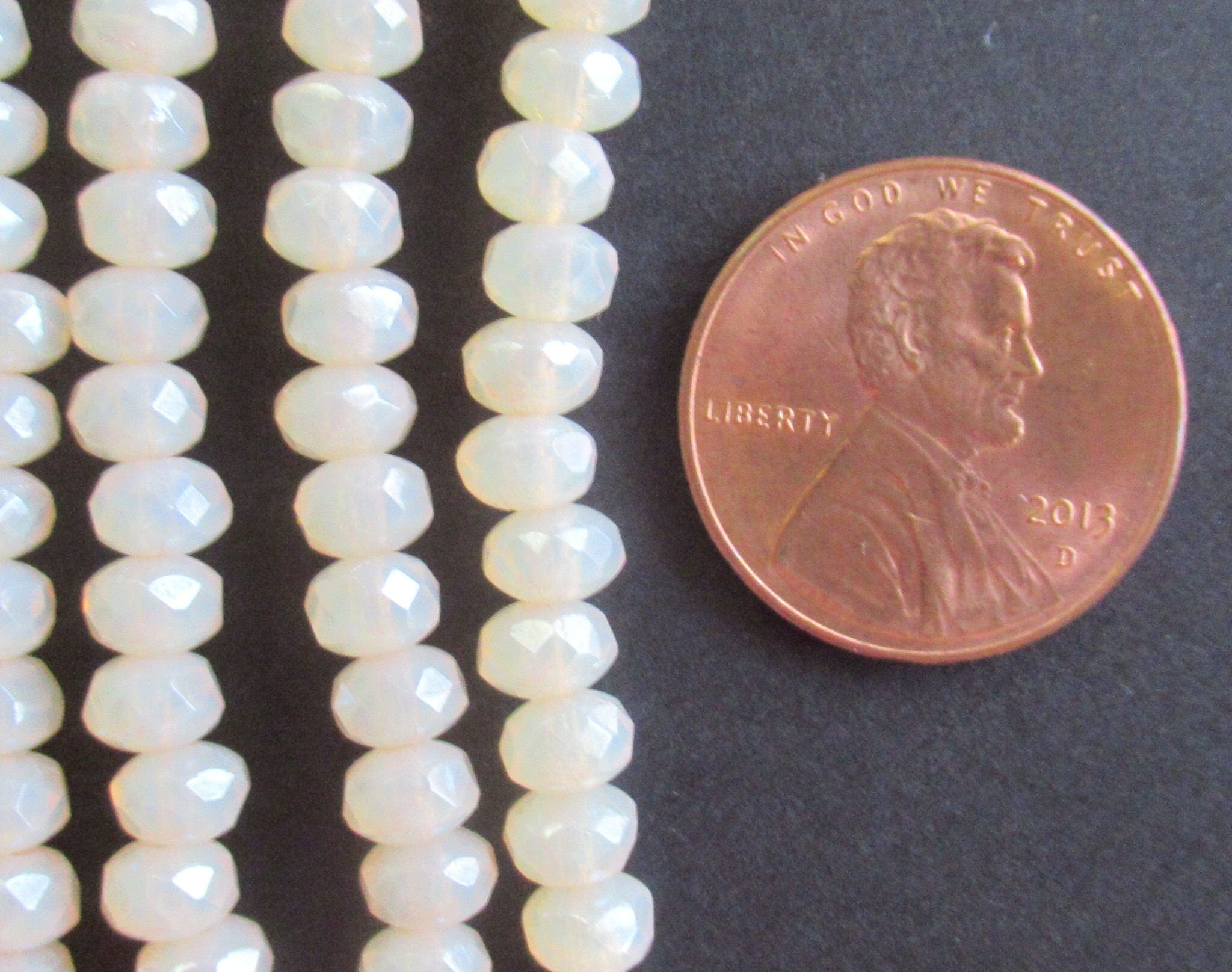 30 small Czech glass puffy rondelle beads - 3 x 5mm off white champagne luster opal rondelles - faceted fire polished neutral beads - C0531