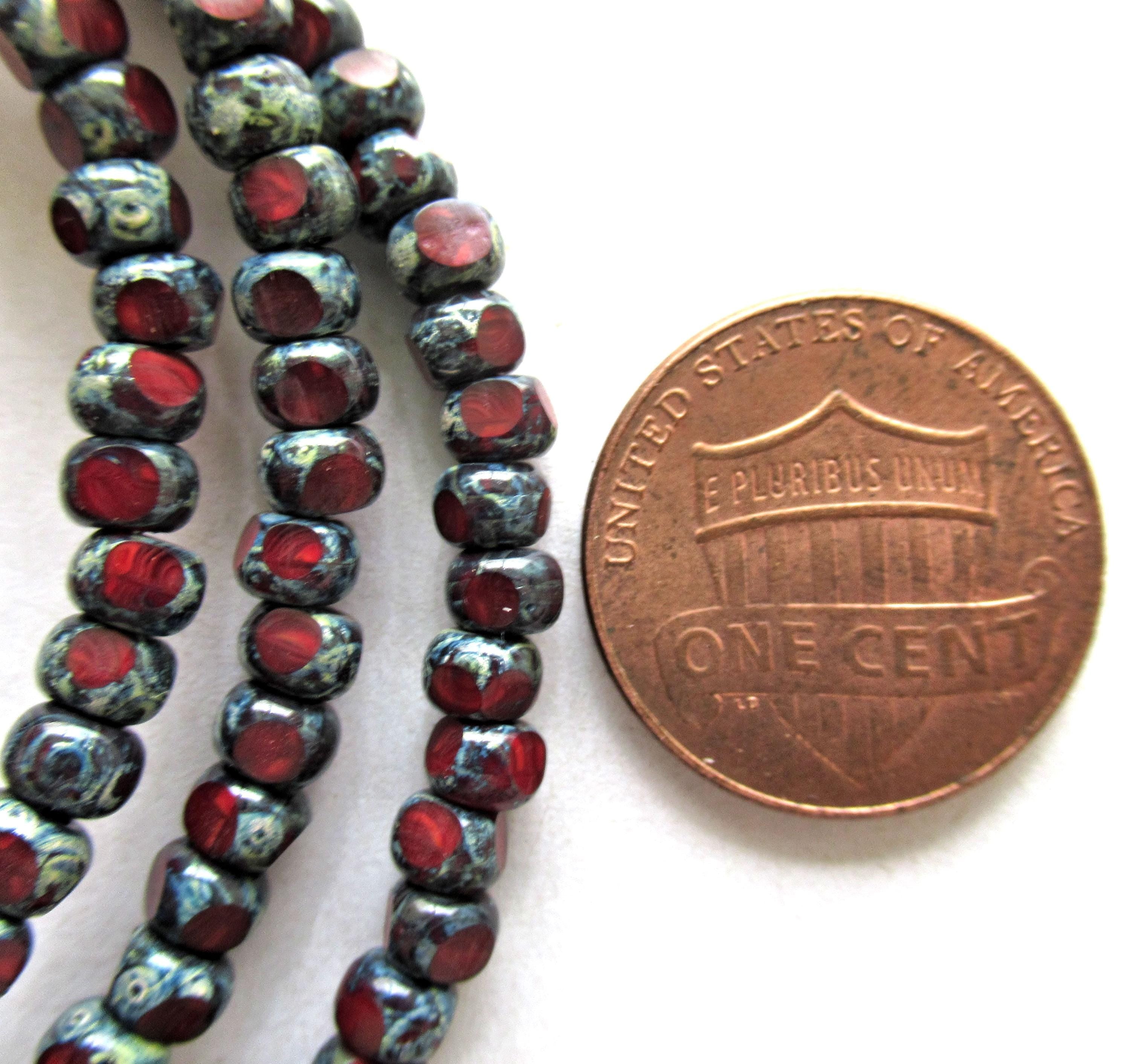 50 4 x 3mm Czech glass Tri cut beads - opaque red picasso earthy rustic 6/0 faceted garnet seed beads C00151