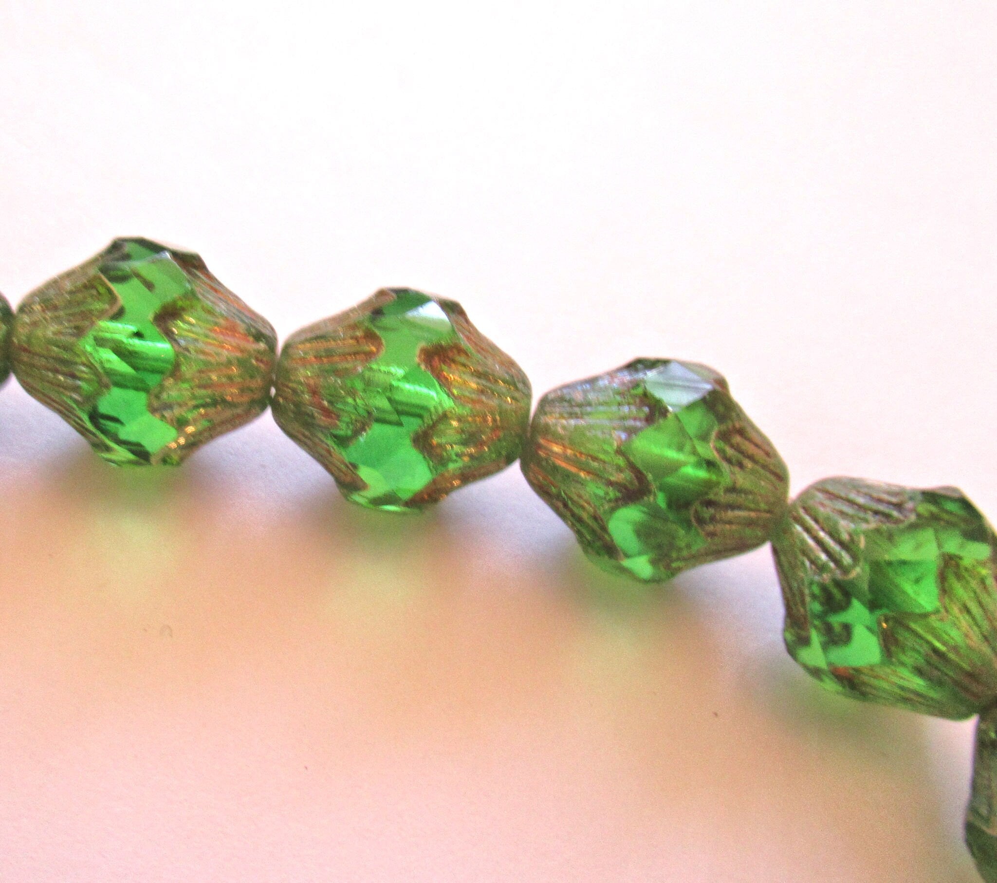 Lot of five 13mm Czech glass bicones - large emerald green picasso chunky, faceted bicone beads - C0067
