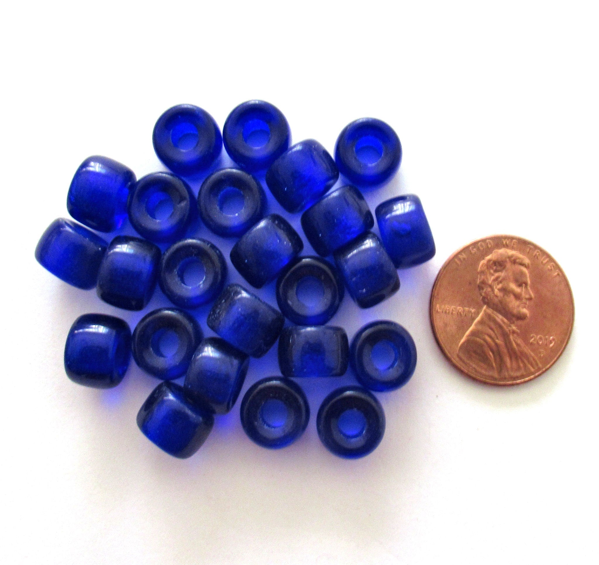 Twenty-five 9mm Czech glass pony, crow, roller beads - cobalt blue large hole beads - C0093