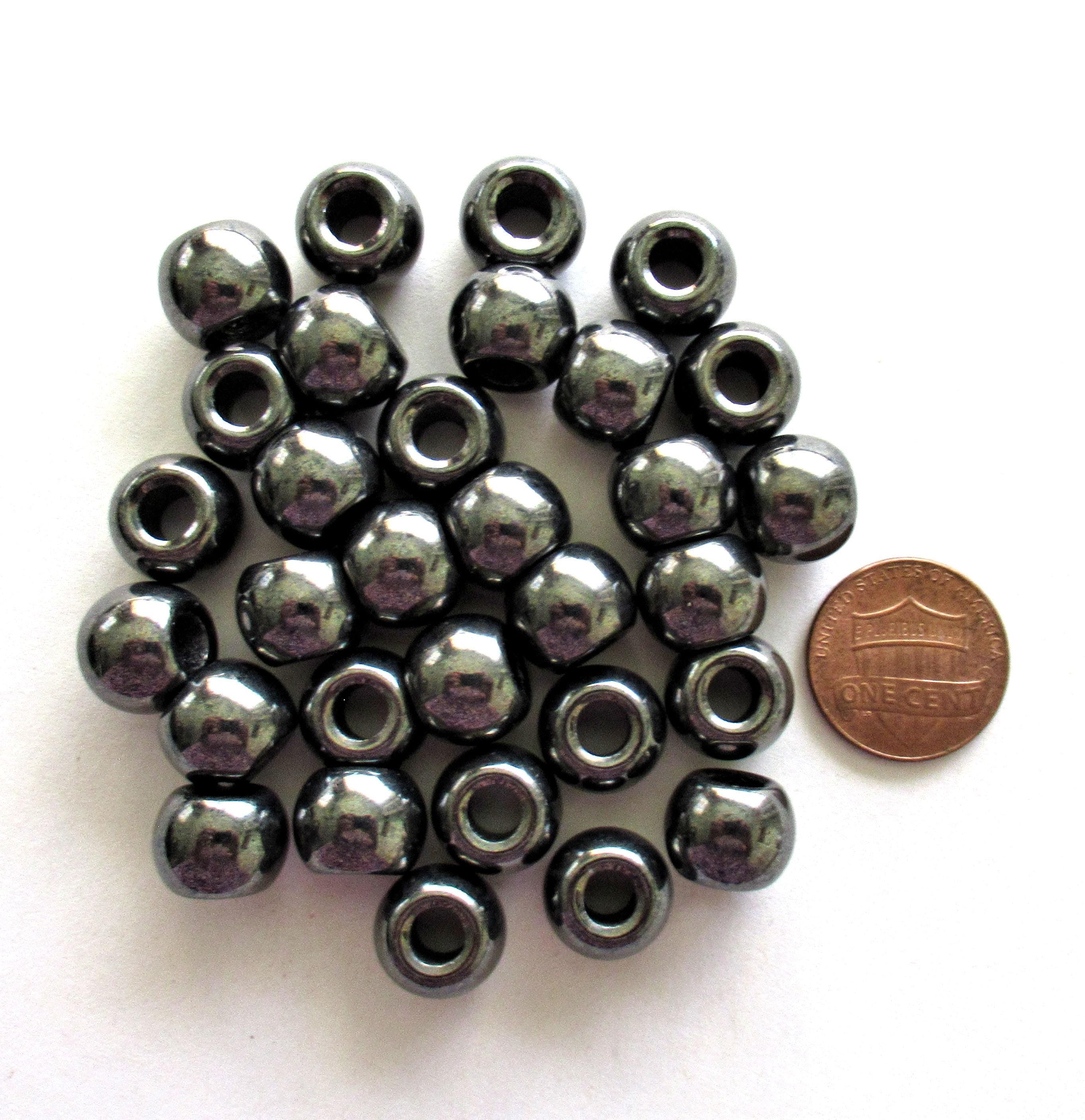 Large big hole round druk beads - 12mm - metallic hematite or gun metal Czech glass druks - large 4mm holes - six pieces - C00401