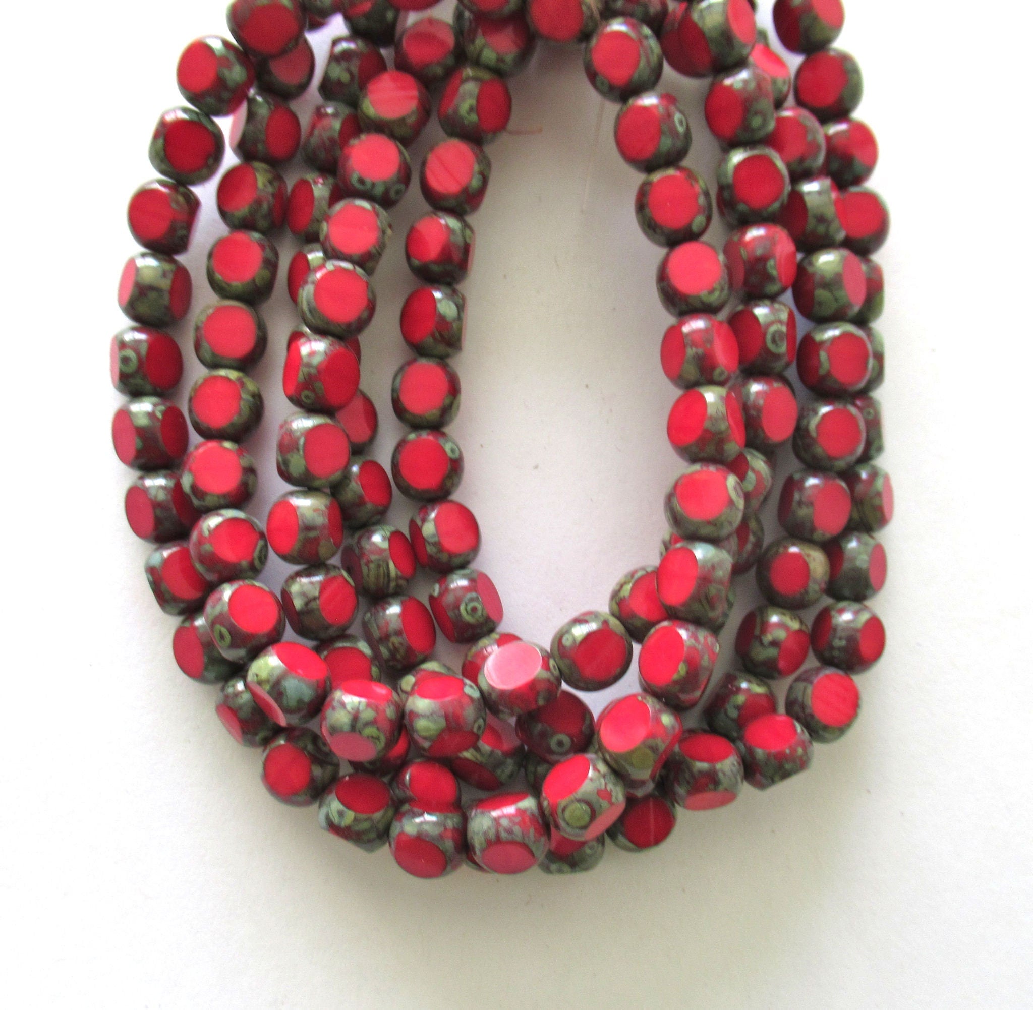 15 Tri-cut - Round Czech glass beads - opaque red picasso table cut 8mm rustic earthy beads C00521