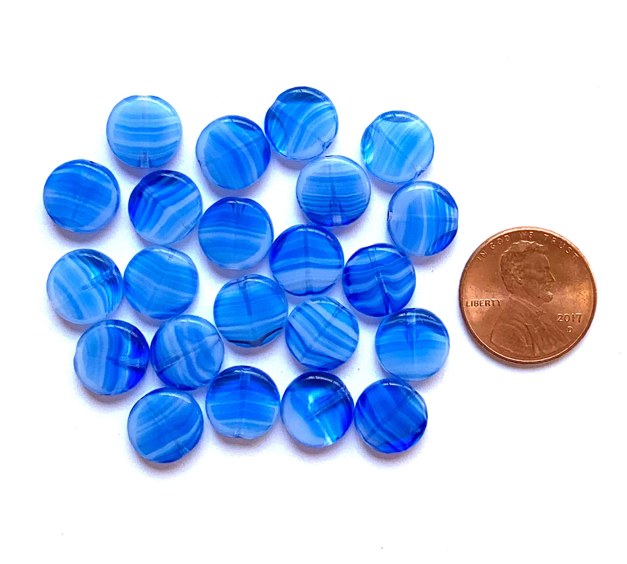 15 Czech glass coin beads - sapphire blue marbled, milky - 10mm - striped disc beads C0057