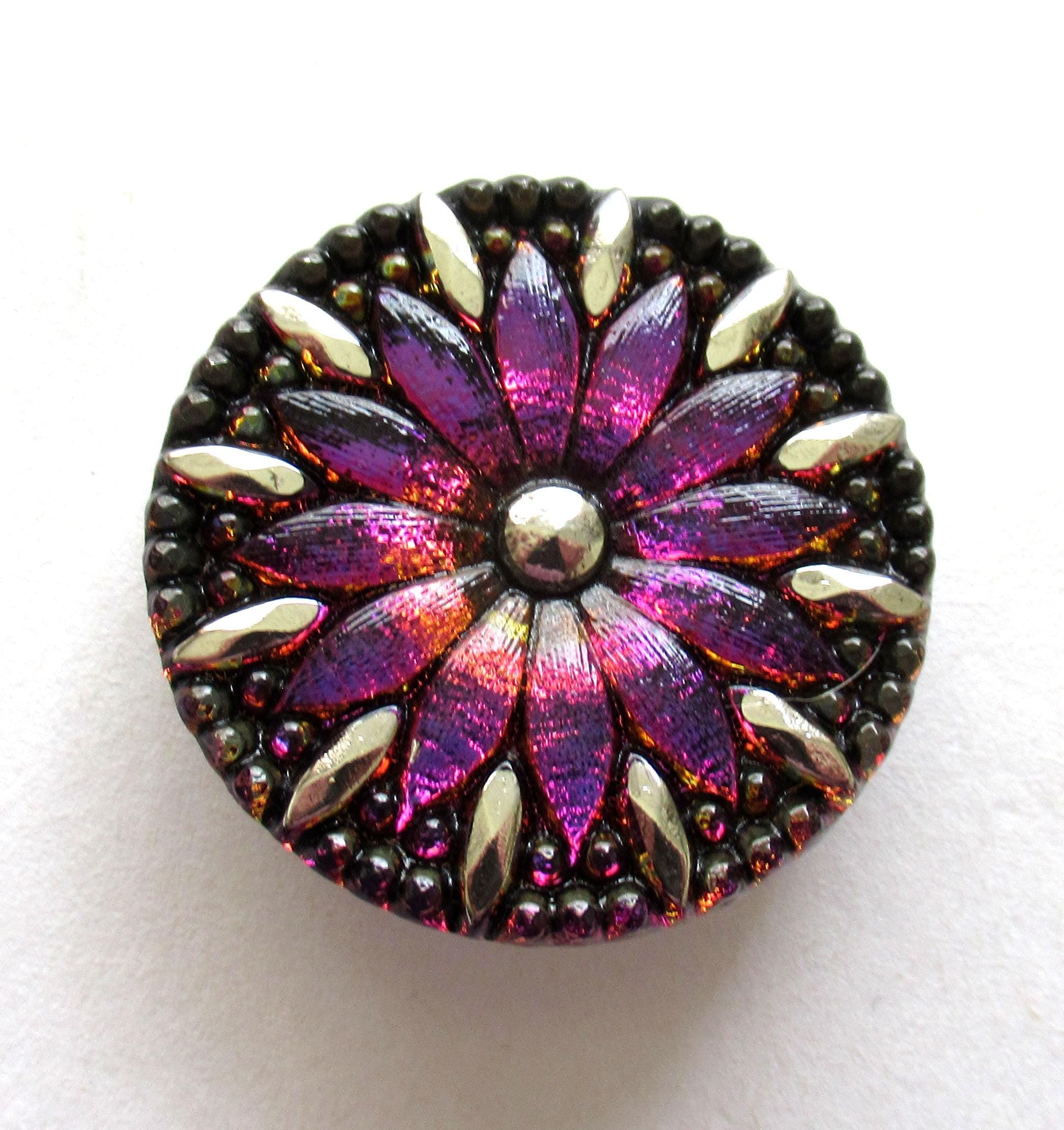 One large Czech glass flower button - iridescent purple pink & orange button with silver accents - 31mm - decorative shank button - 00004
