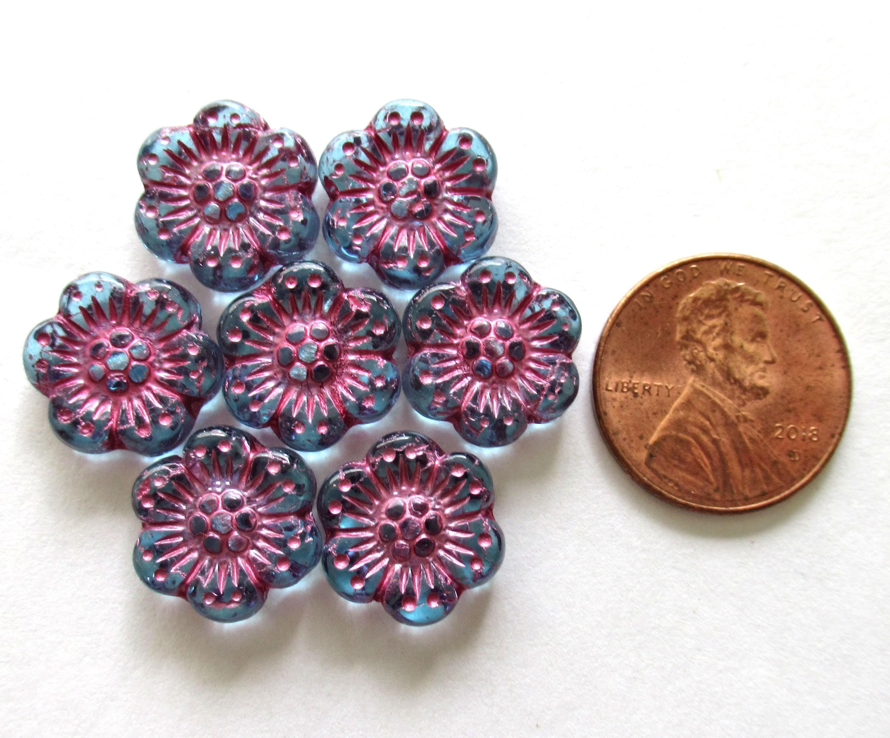 Twelve Czech glass wild rose flower beads - 14mm transparent light sapphire blue floral beads with a metallic pink wash - C00081