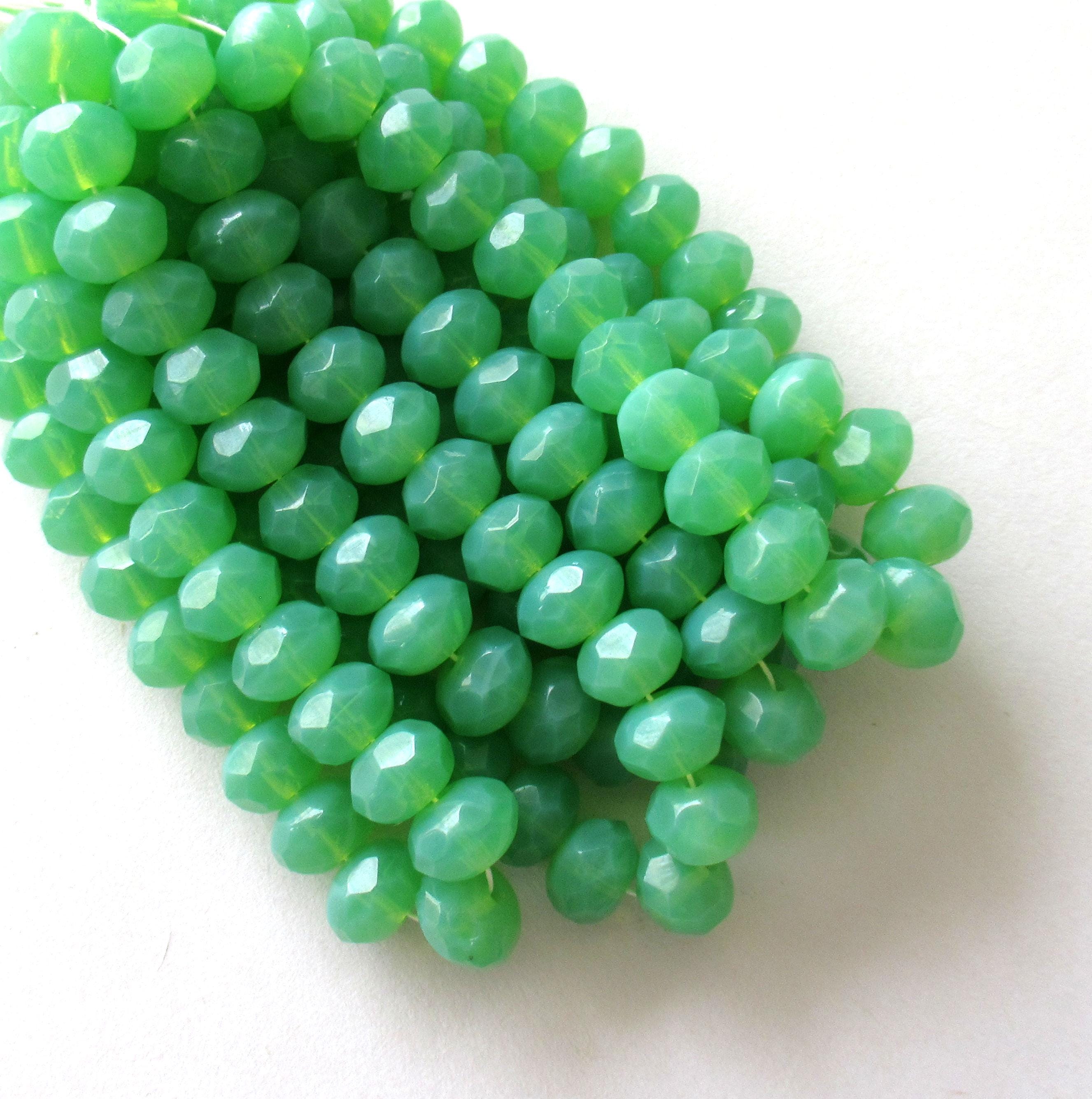 25 green Czech glass puffy rondelles - milky jade green opal beads - 6 x 9mm faceted fire polished beads - C00731