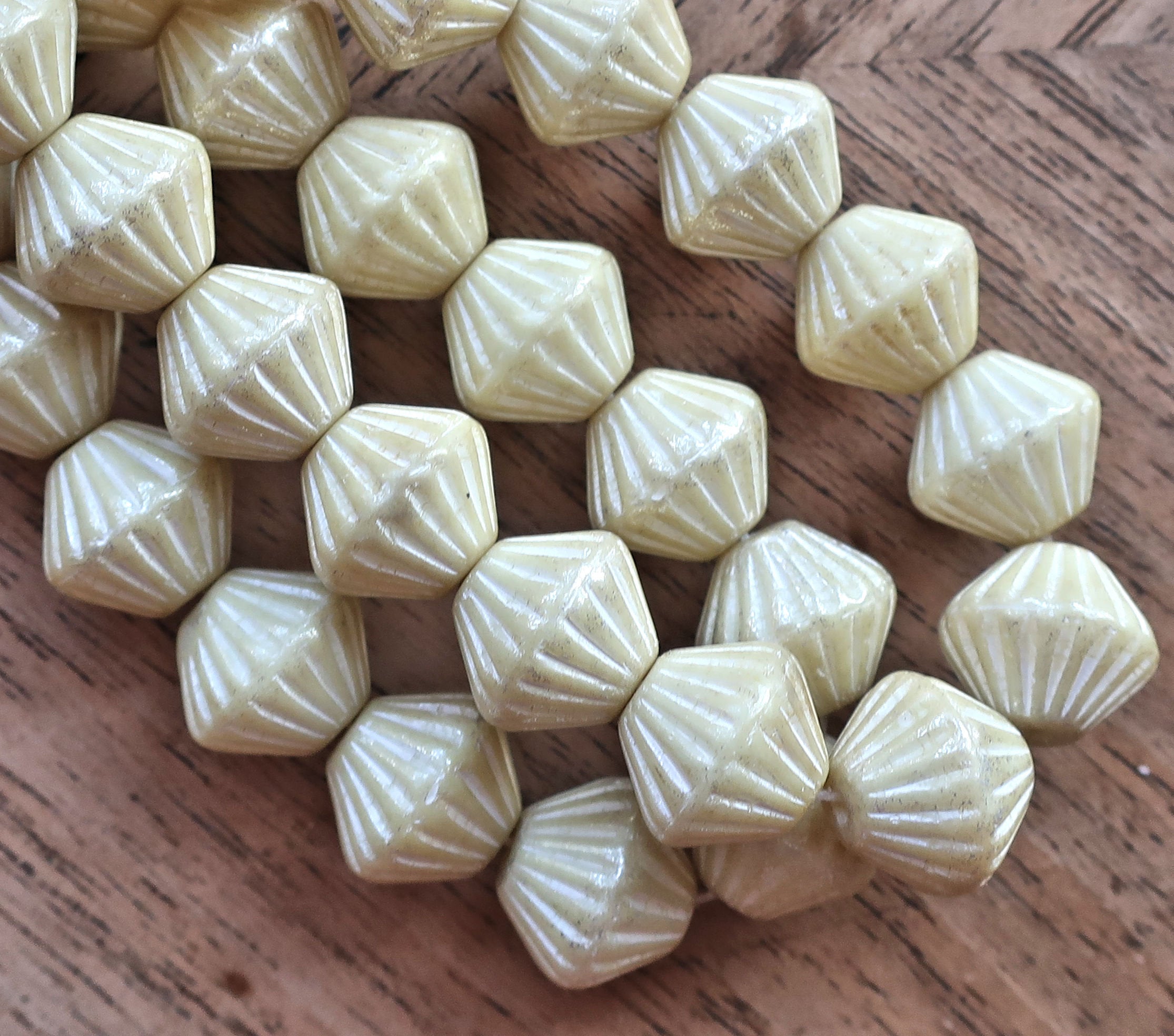 Five Czech glass bicones - 11mm x 10mm - opaque off white, cream colored - carved, chunky, rustic bicone beads C4401