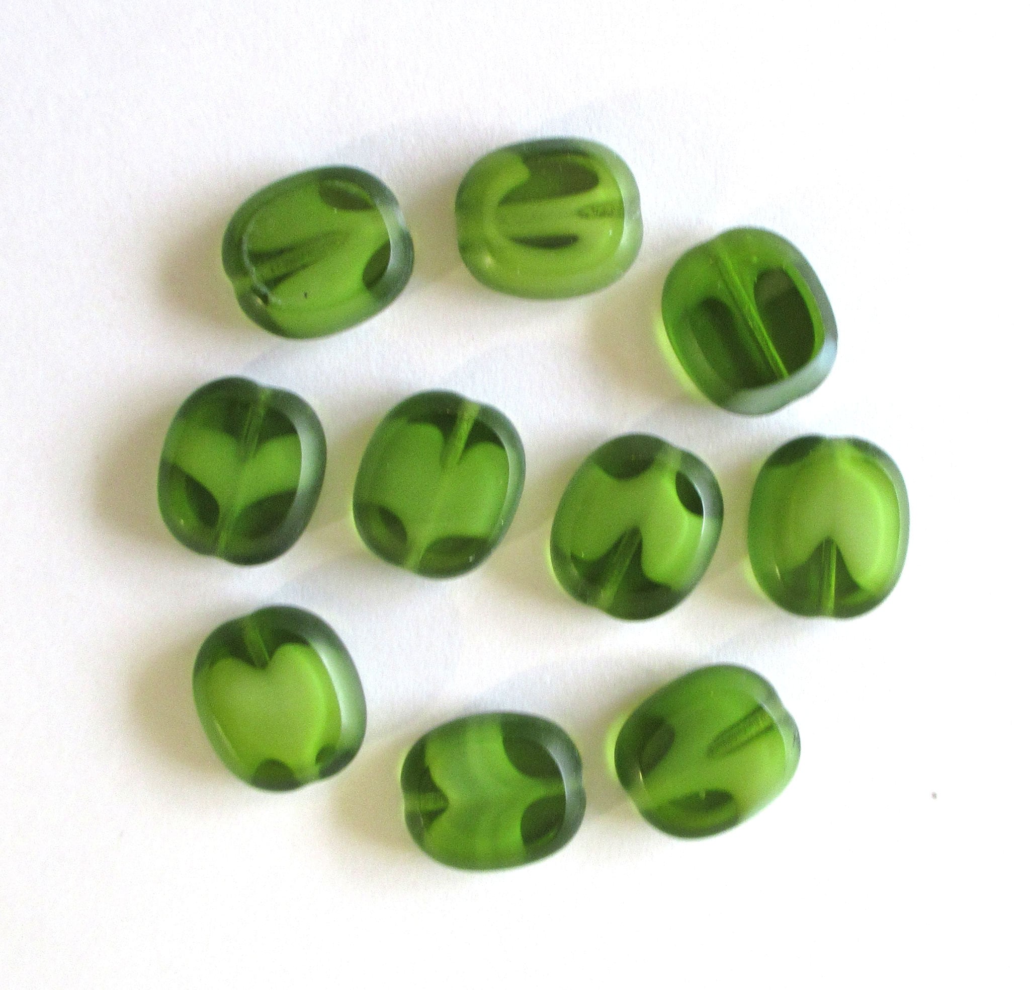 Ten Czech glass oval beads - 14 x 12mm olivine opaque and transparent mix table cut window beads - C00111