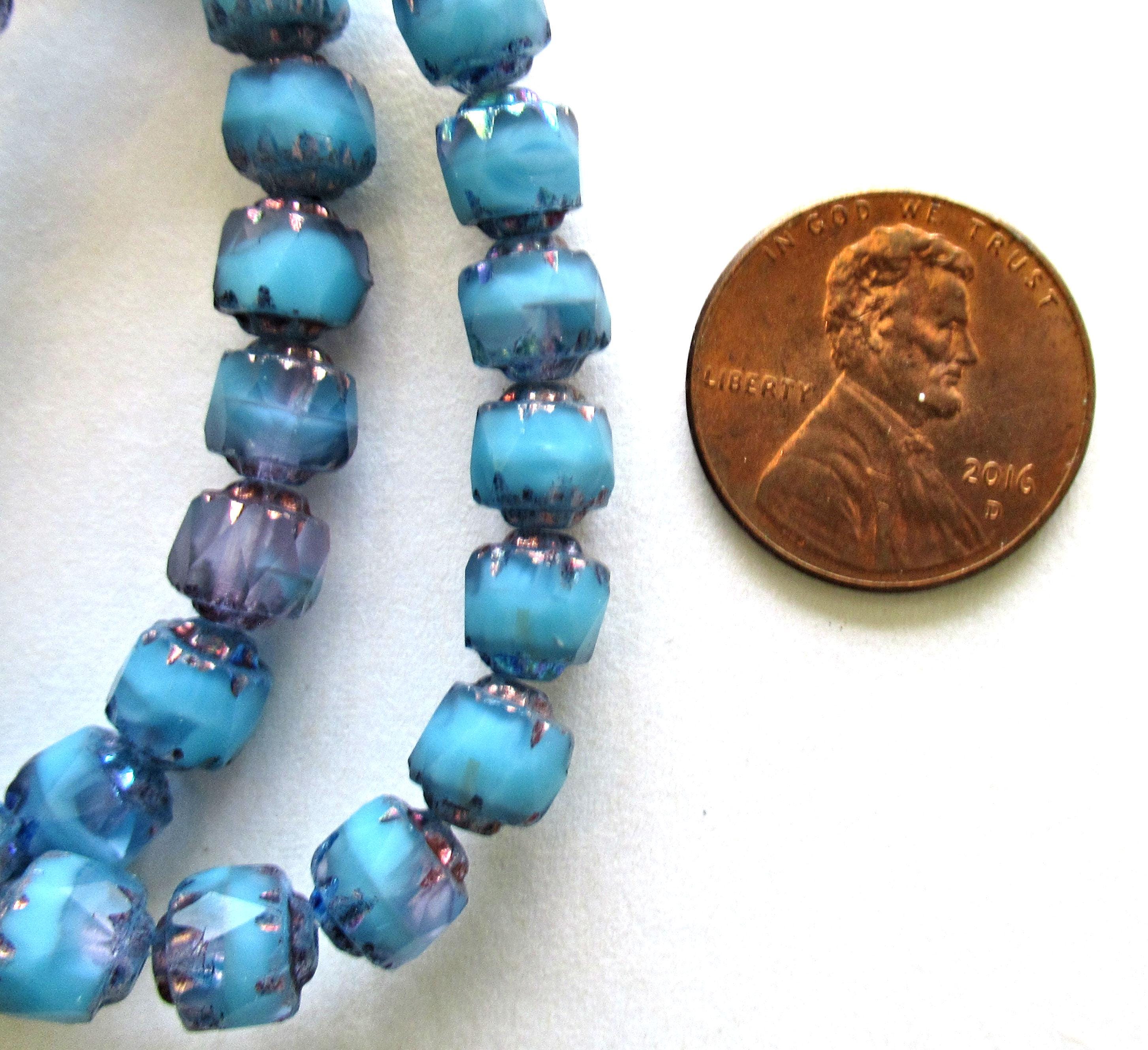 20 6mm Czech glass cathedral beads - blue w/ purple bronze picasso accents - faceted fire polished antique cut beads C00571