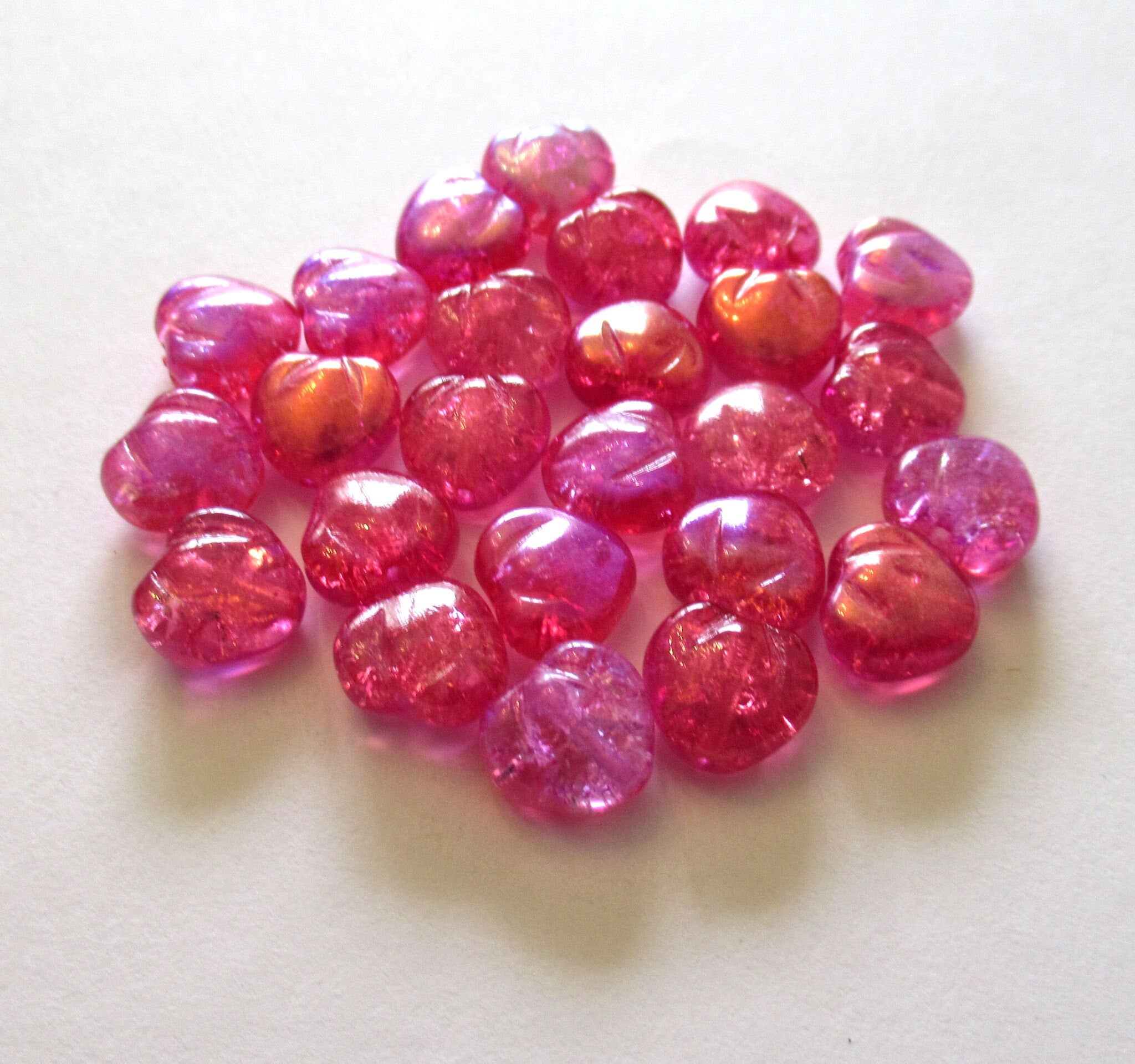 Ten Czech glass heart beads - 11mm bright hot pink crackle glass hearts with a metallic pink finish on one side of each bead- C0049