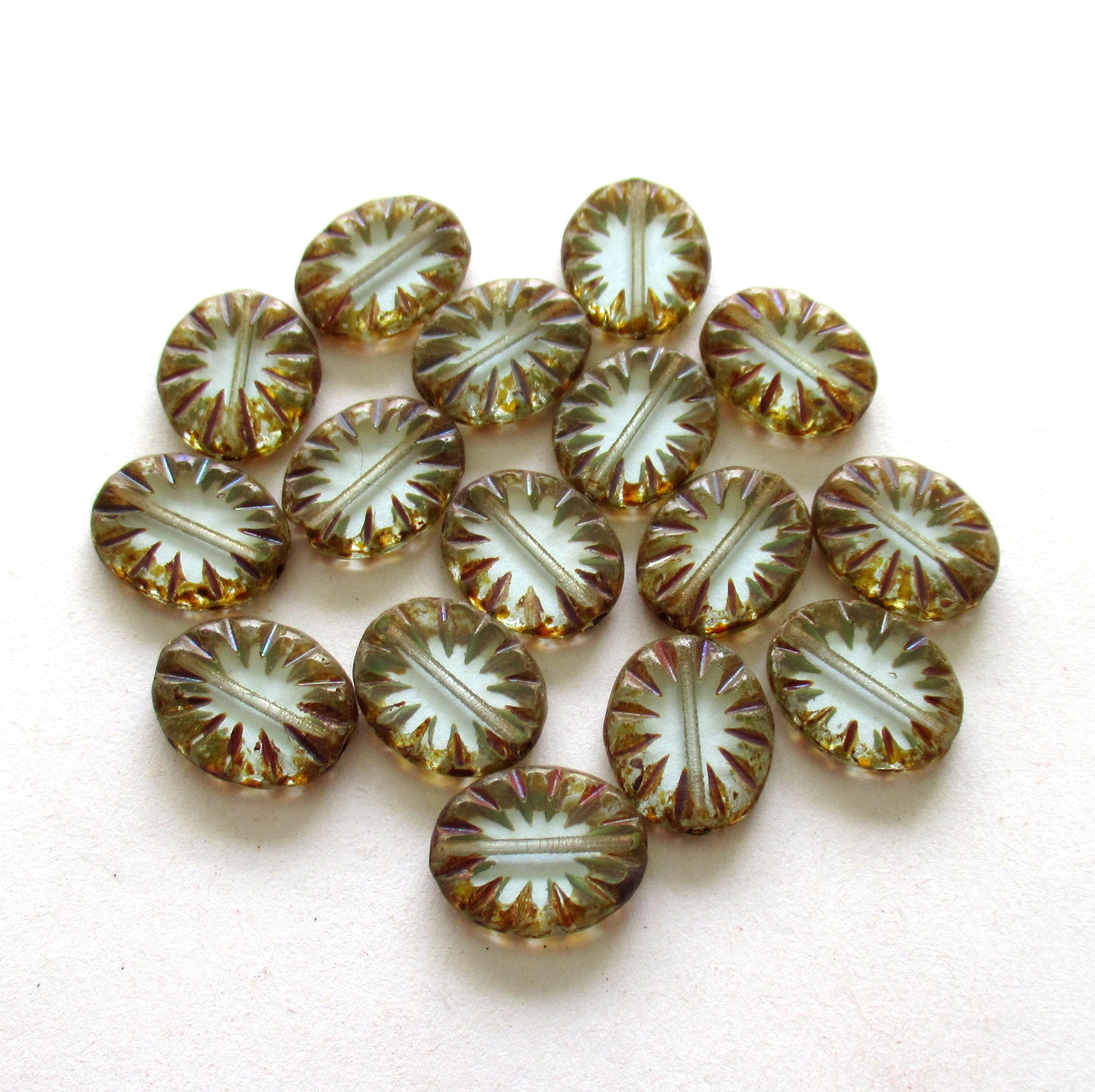 Czech glass blue oval beads - transparent very light blue picasso beads - 14mm x 11mm - table cut carved beads - 15 pieces - C00531