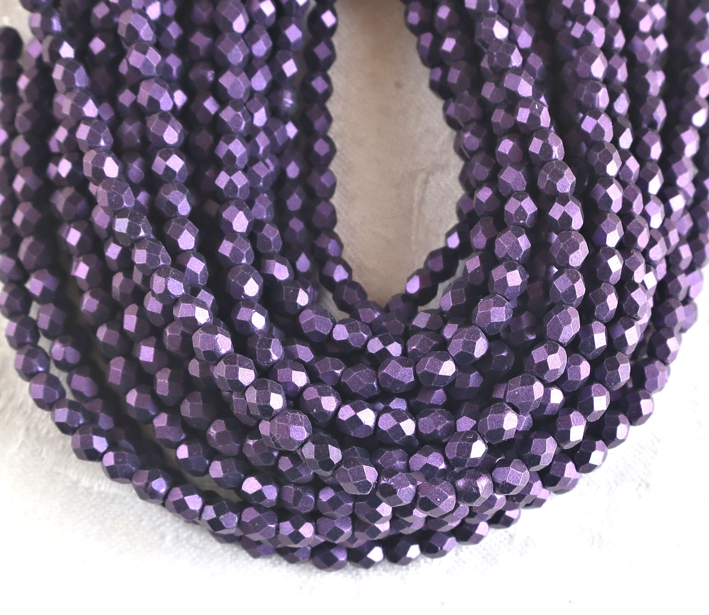50 4mm purple matte metallic suede, sueded Czech glass beads, faceted, fire polished beads 9601