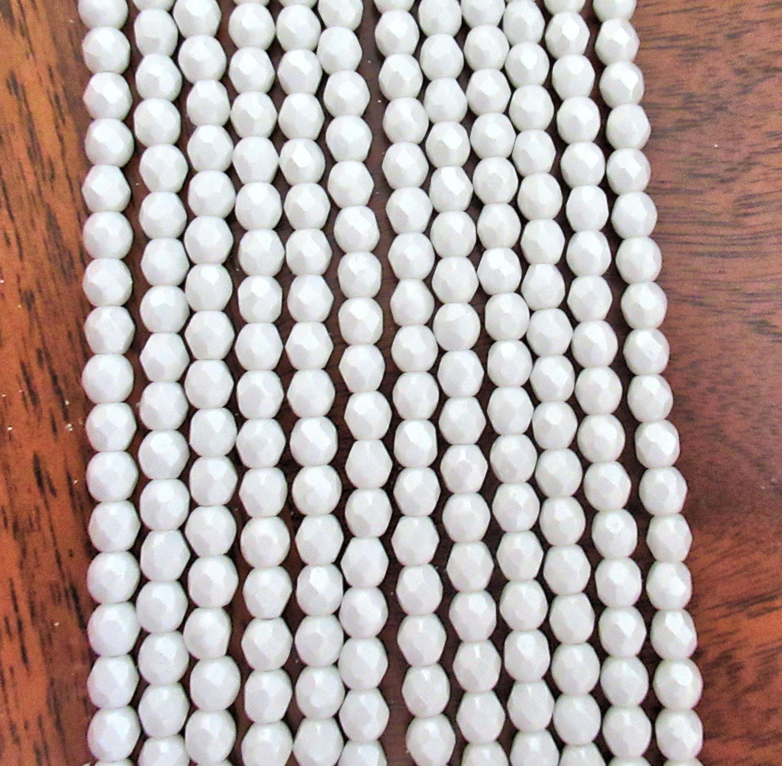 Lot of 50 4mm Czech glass beads - Metal Luster Alabaster White - fire polished faceted round beads - C0084