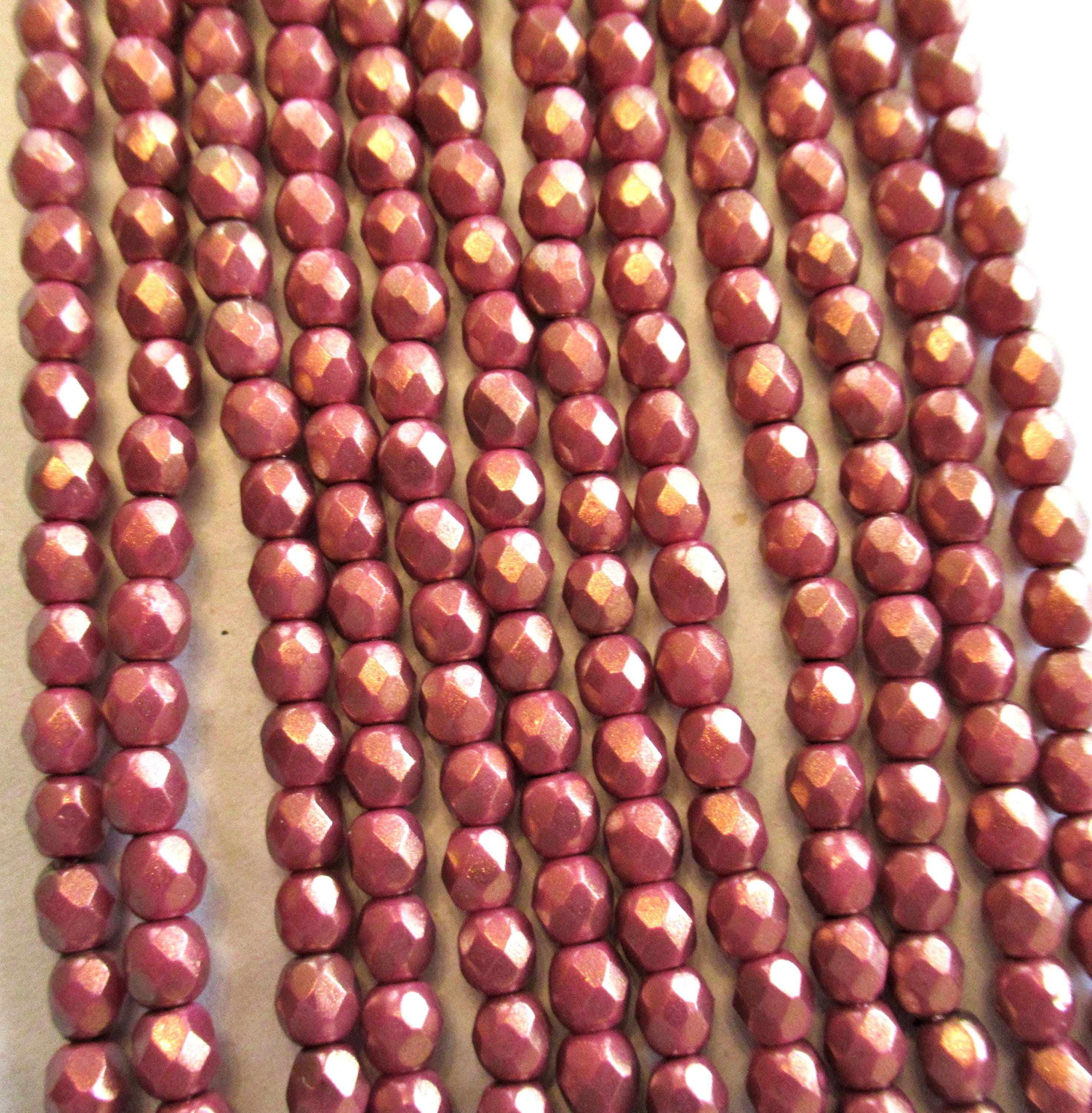 50 4mm Halo Ethereal Cherub Czech glass beads - opaque pink beads w/ a shiny gold luster finish - fire polished faceted round beads - C0077