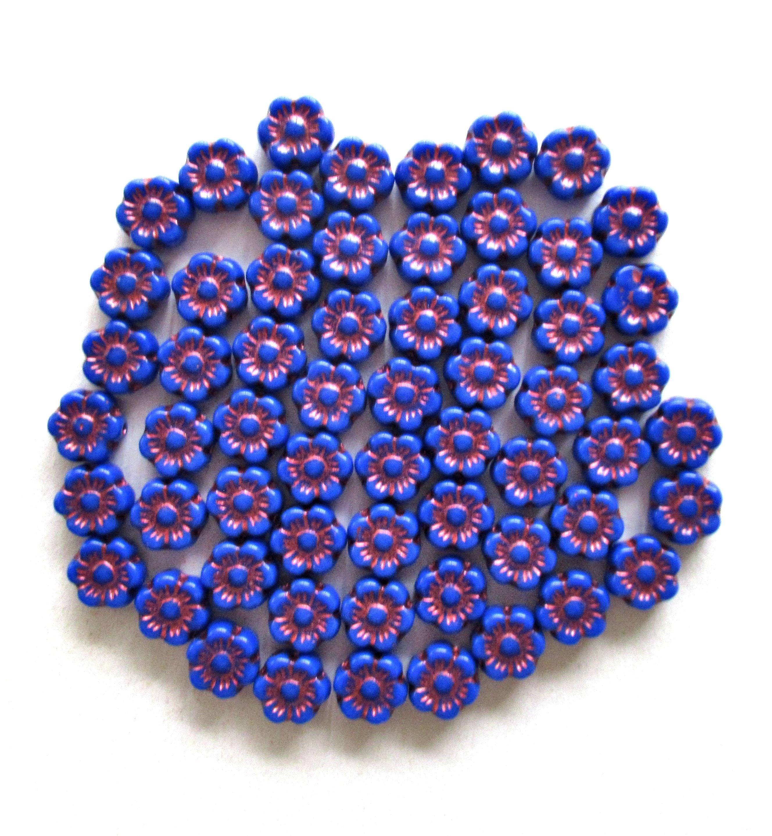 25 small Czech glass flower beads - 6mm - opaque royal blue beads with a metallic pink wash - pressed glass floral beads - C0068