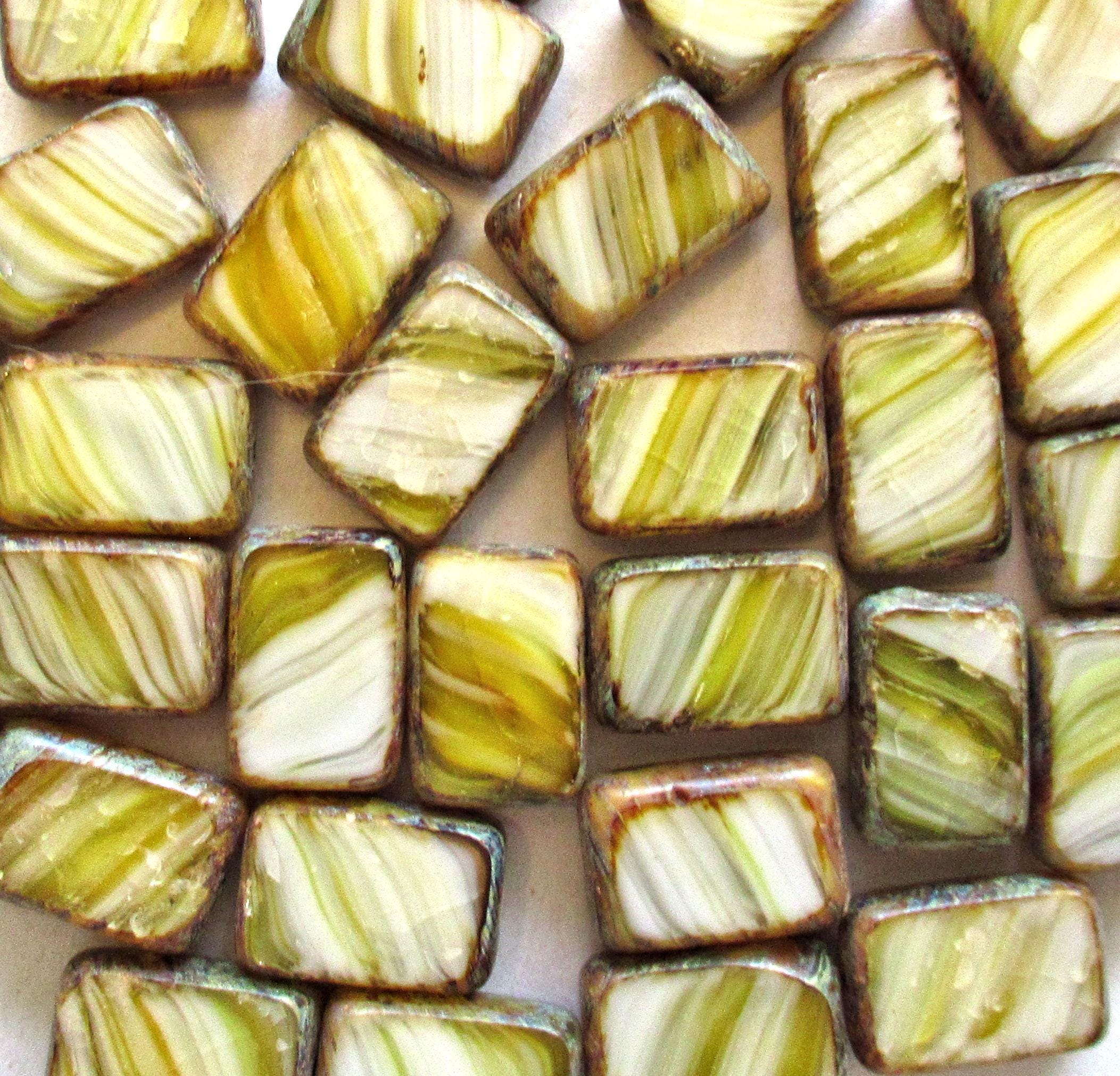 10 Czech glass rectangle beads - yellow & white striped picasso beads - 12 x 8mm - rectangular table cut beads - C00621