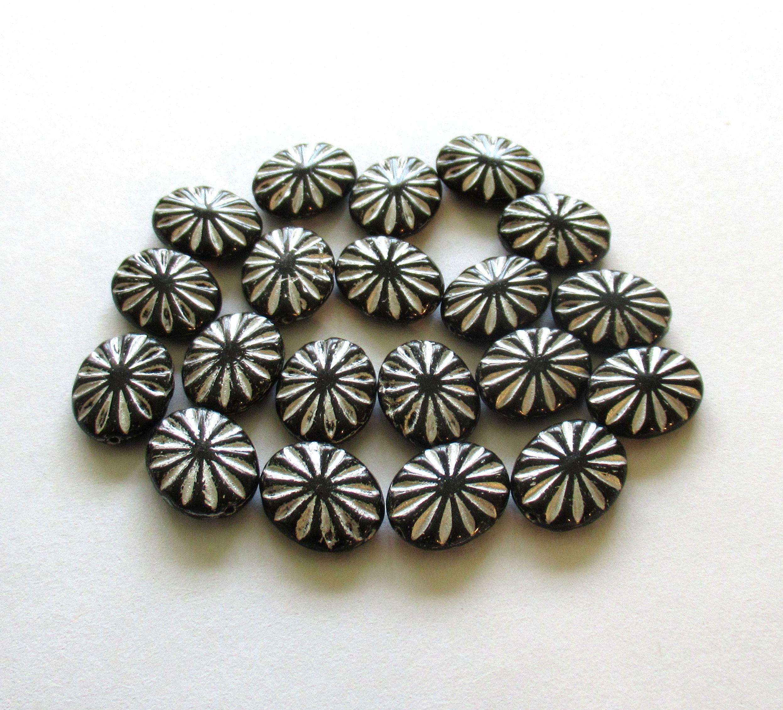 Czech glass oval beads - black beads with a silver wash - 14mm x 11mm - sun burst pressed glass beads - 8 beads - C0431