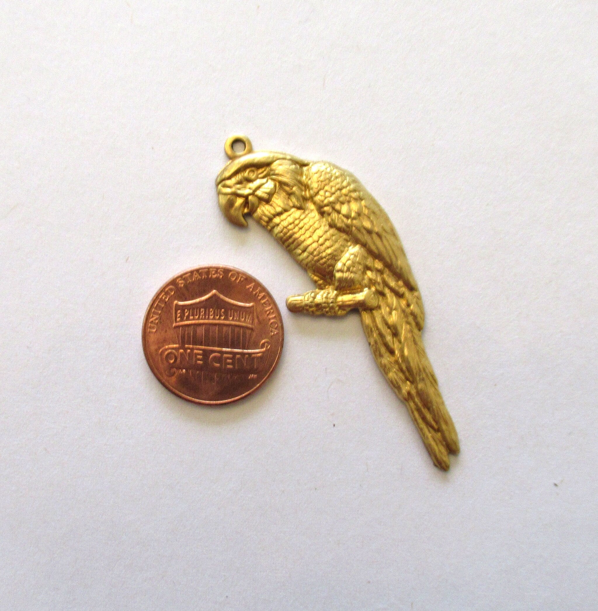 1 large raw brass bird stamping - parrot parakeet pendant - charm - ornament 2" x .75" inches - made in the USA C0017