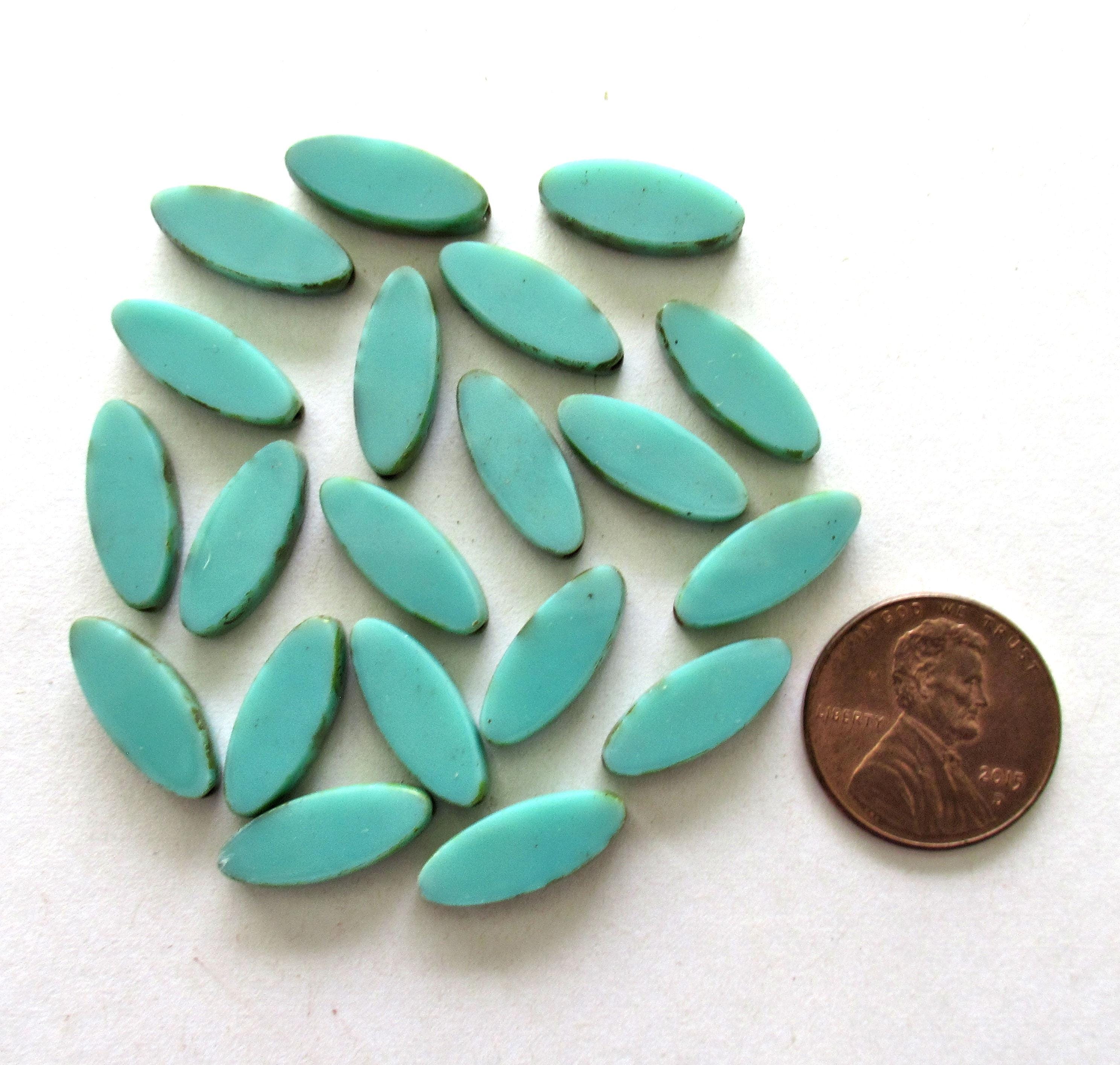 Ten Czech glass green spindle beads - 16 x 6mm - opaque light turquoise green picasso - oblong oval table cut glass beads - C00921