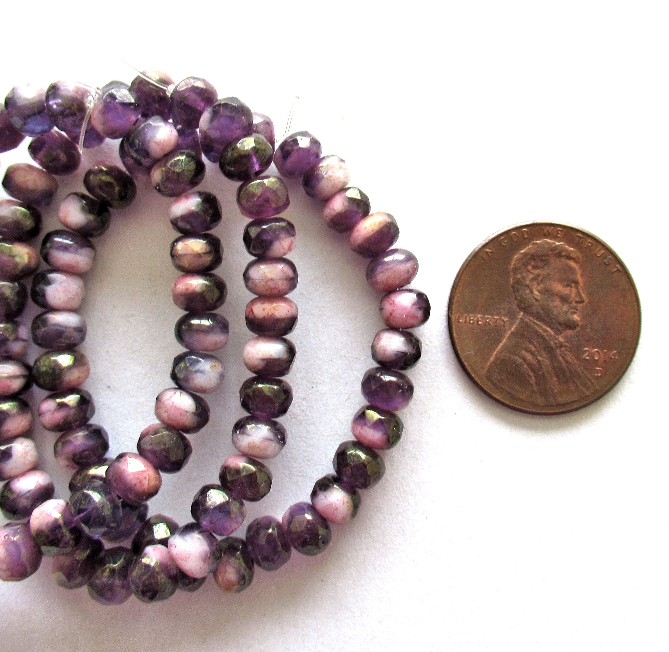 30 small Czech glass puffy rondelle beads - 3 x 5mm - tanzanite & pink luster color mix - faceted fire polished rondelles - 00011