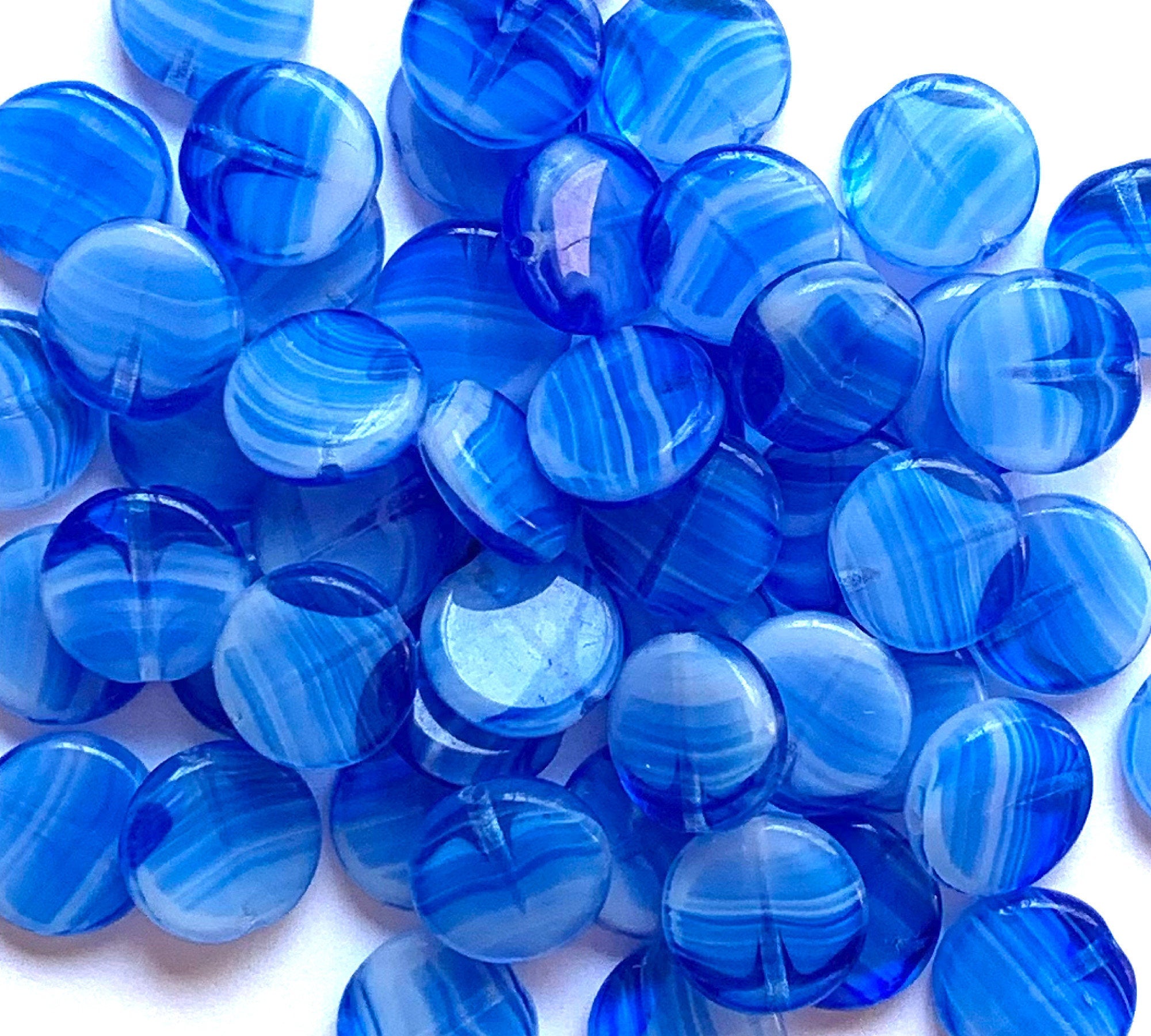 15 Czech glass coin beads - sapphire blue marbled, milky - 10mm - striped disc beads C0057