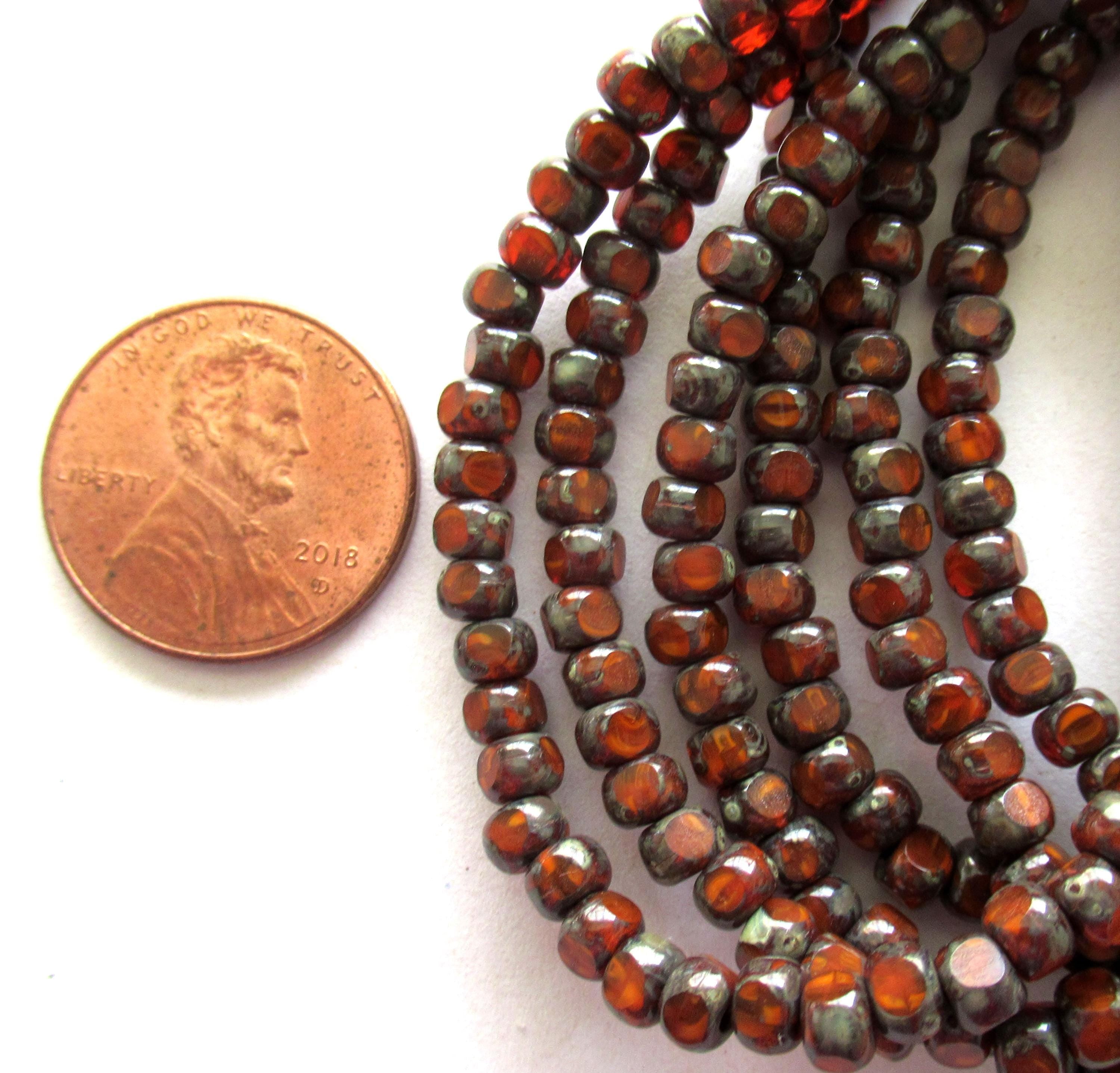 50 Czech glass 6/0 faceted seed beads - rust orange red picasso beads - 3 cut - tri-cut 4 x 3mm beads - rustic earthy beads C00611
