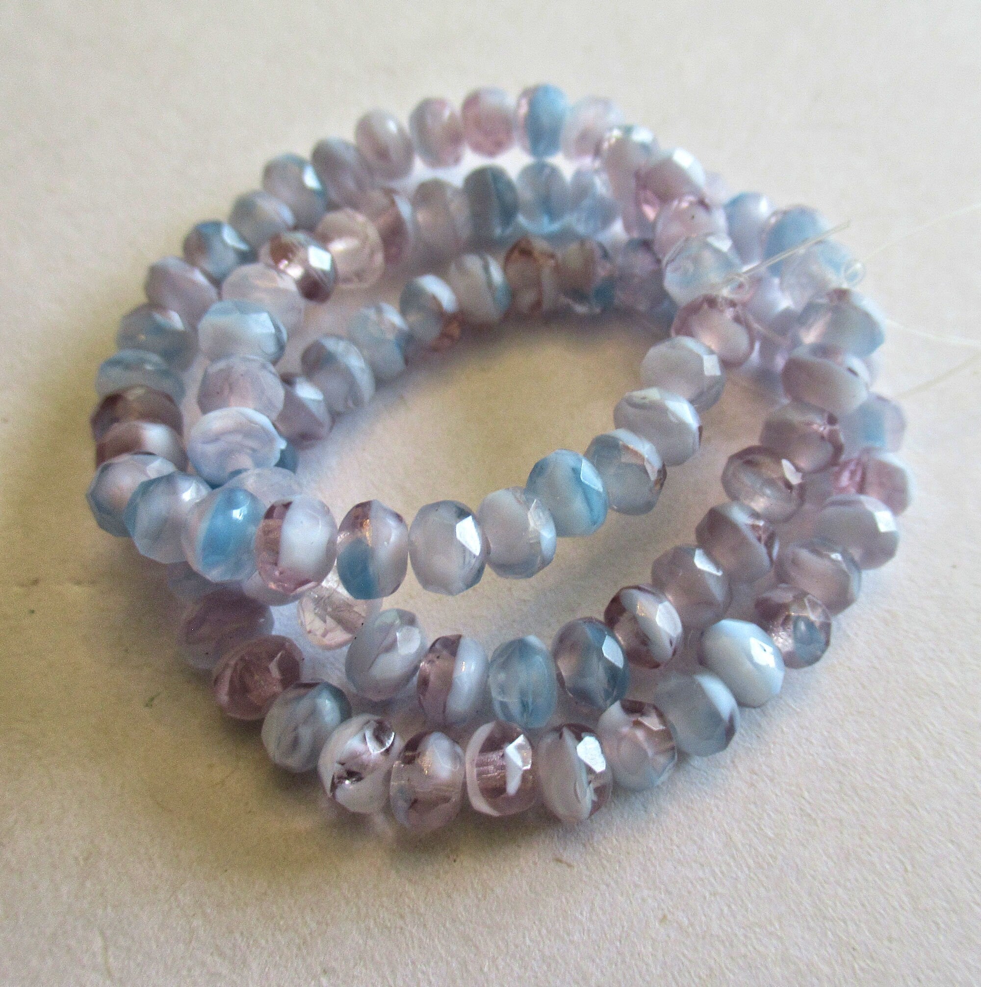 30 small Czech glass puffy rondelle beads - 3 x 5mm light lavender / purple & blue color mix faceted rondelles 00531