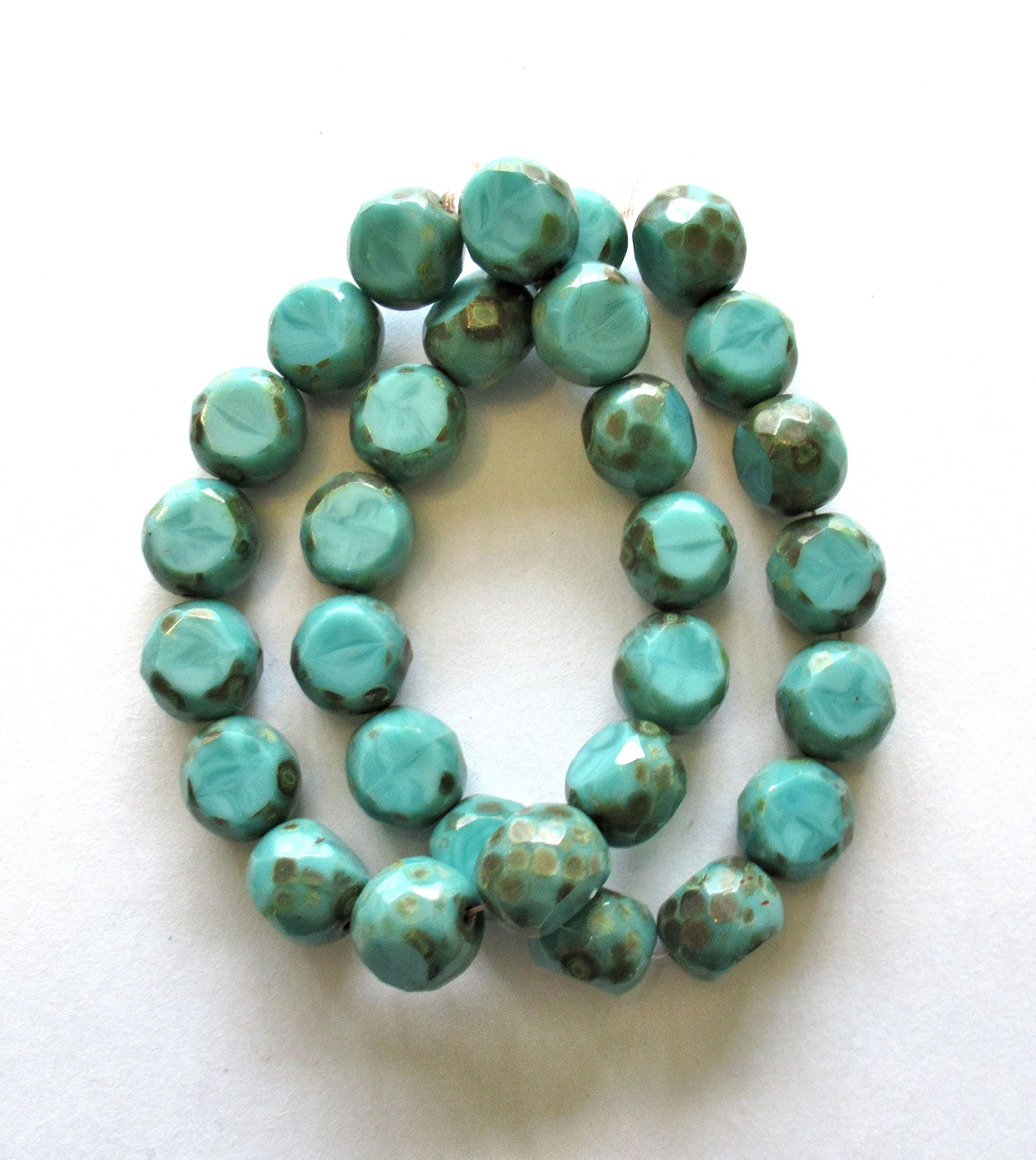 Six 12mm large Czech glass beads - opaque turquoise blue green faceted window beads - statement or focal beads - dual faceted table cut beads - 600432