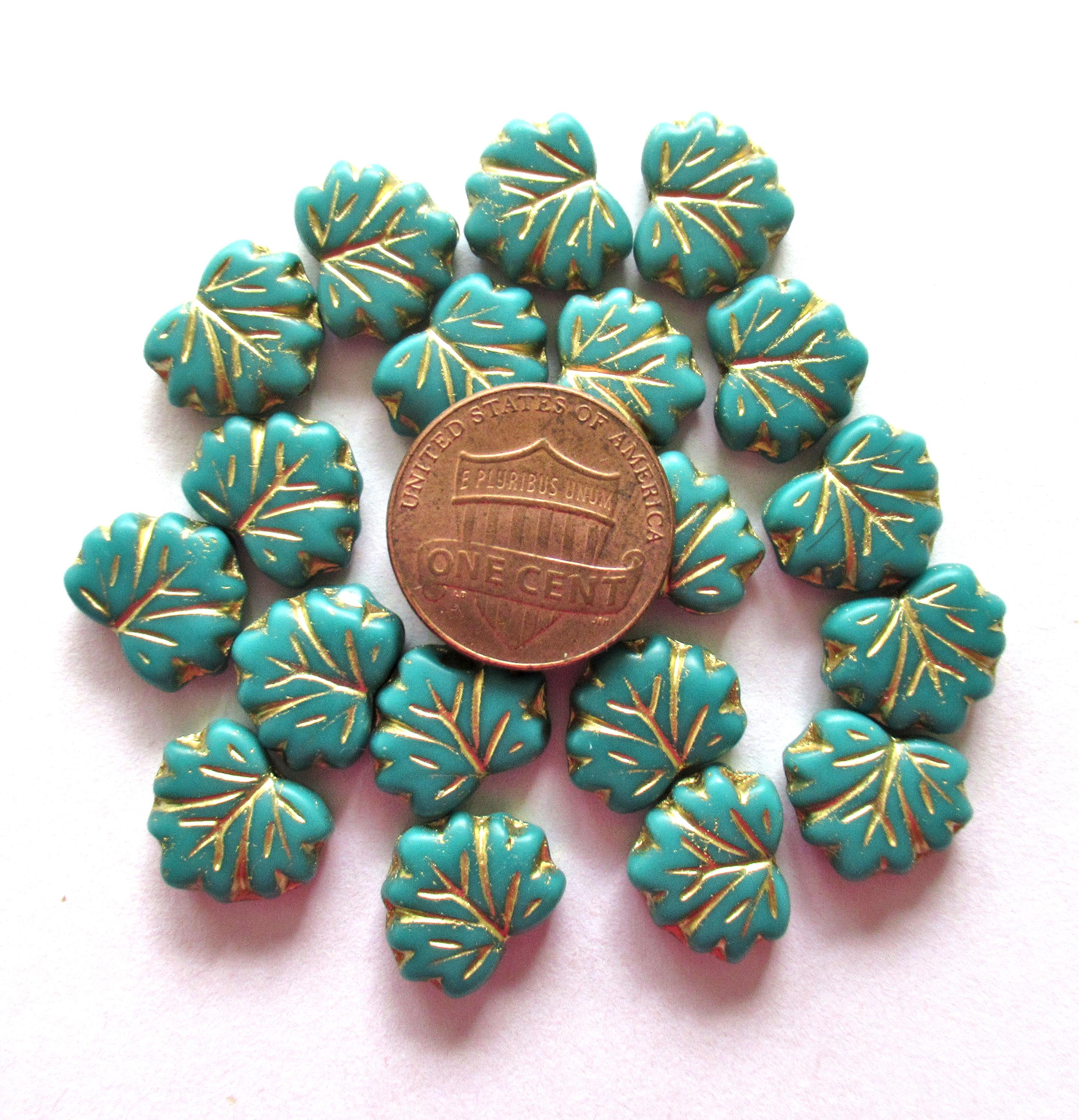 10 Czech glass maple leaf beads - opaque tiffany green leaves with gold accents - center drilled 13 x 11mm leaves C00201