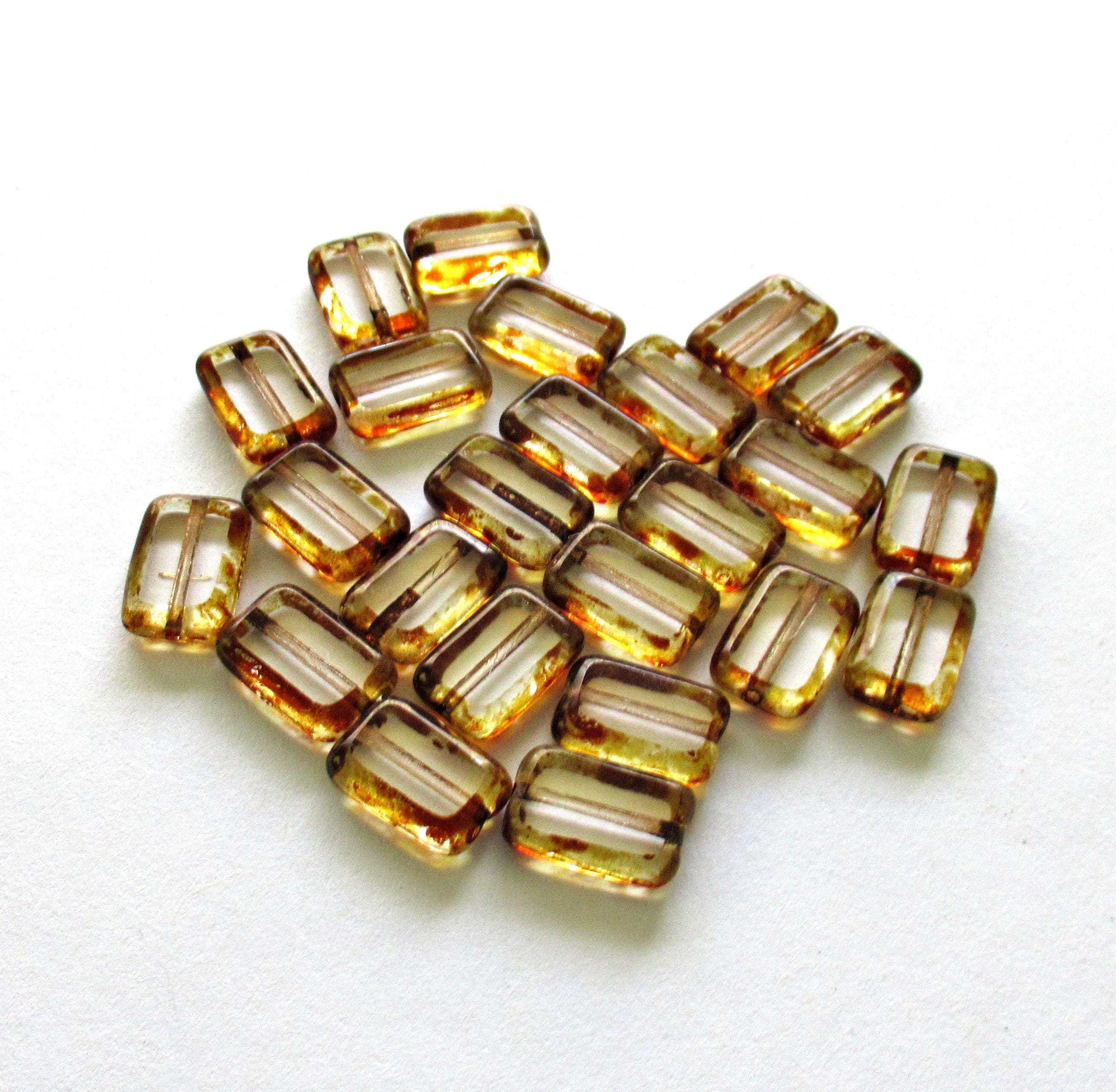 24 Czech glass rectangle beads - crystal clear beads with a brown picasso accents - table cut rectangular beads - 12mm x 8mm - C00181