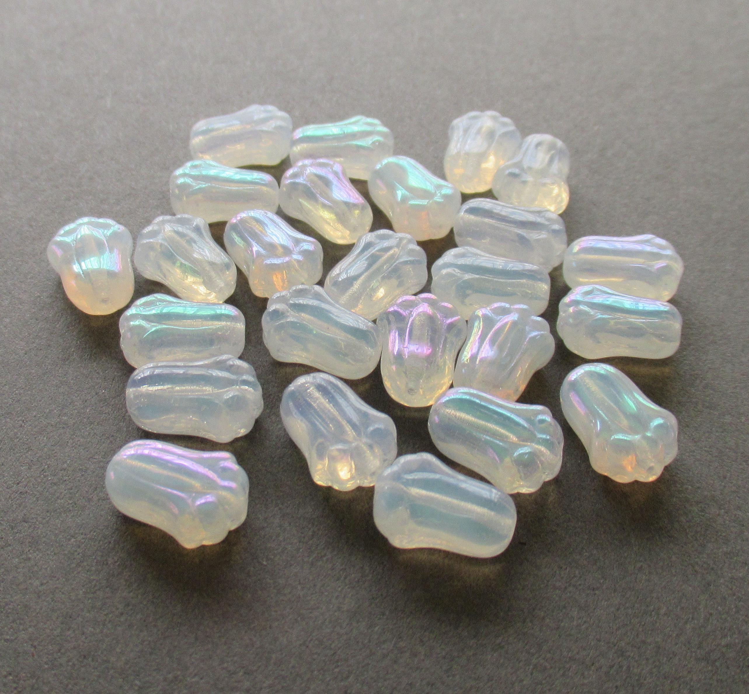 25 Czech glass tulip flower beads - milky white ab - 12 x 8mm - translucent white opal - pressed glass beads - C00088