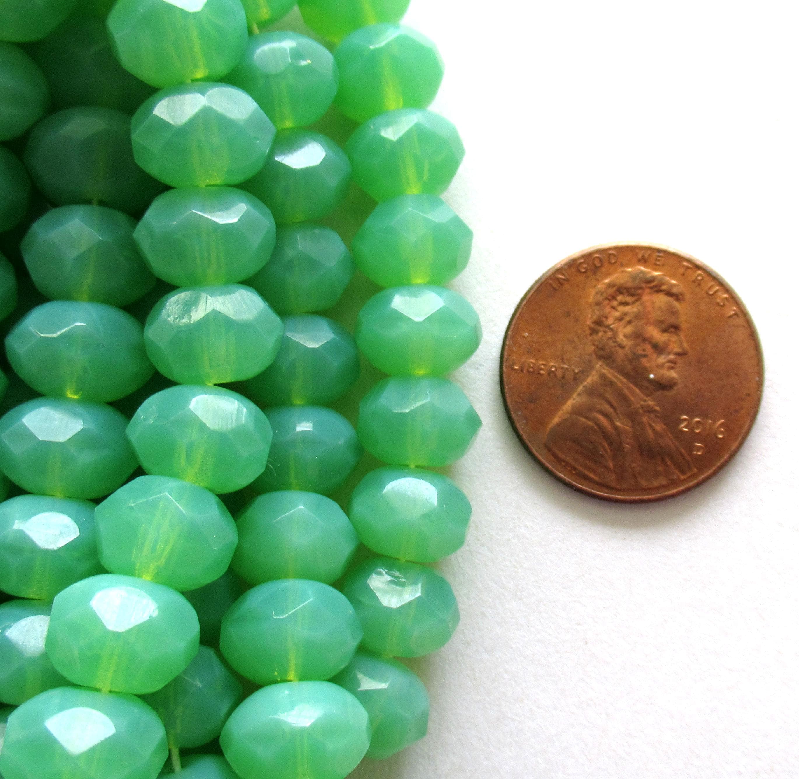 25 green Czech glass puffy rondelles - milky jade green opal beads - 6 x 9mm faceted fire polished beads - C00731