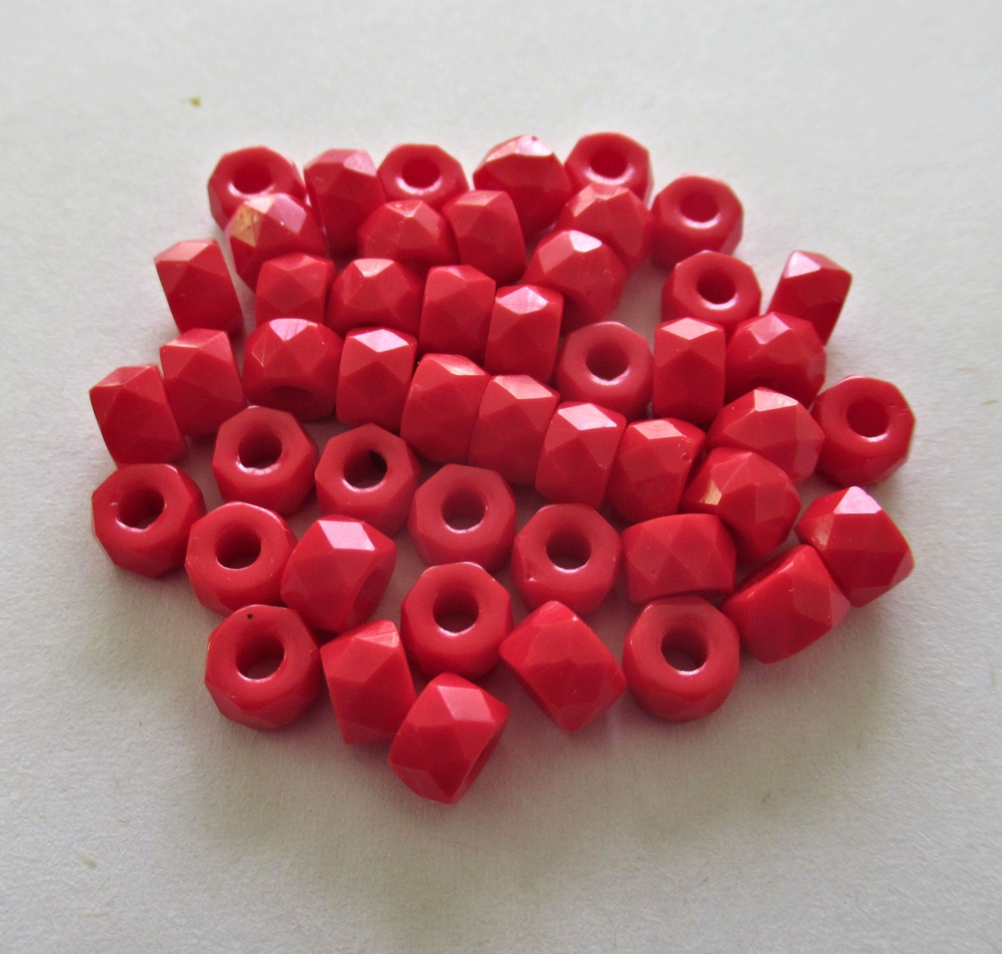 Lot of 50 6mm Czech glass faceted pony, roller or crow beads - bright opaque red large hole, fire polished beads C00211