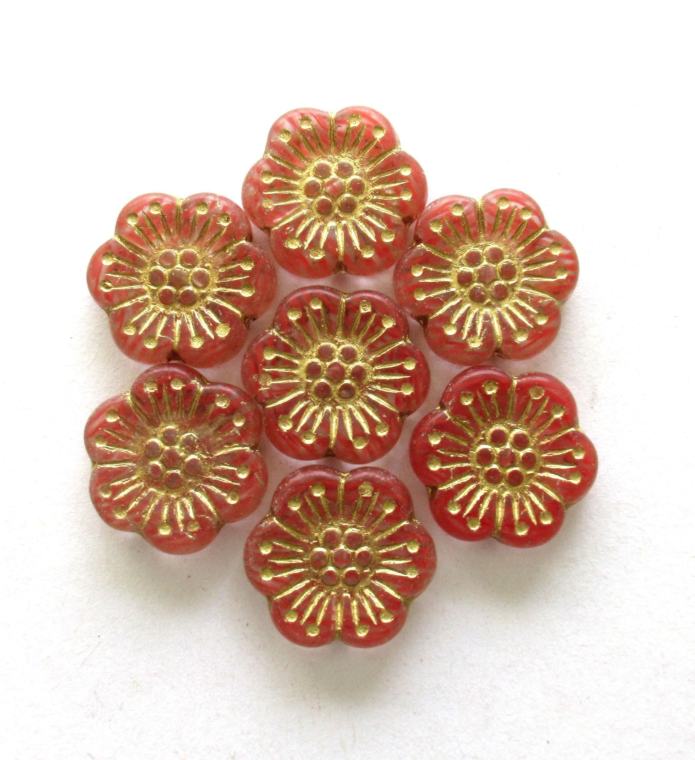 6 large Czech glass flower beads - translucent salmon pink beads with gold accents - 18mm - wild rose beads - 00421