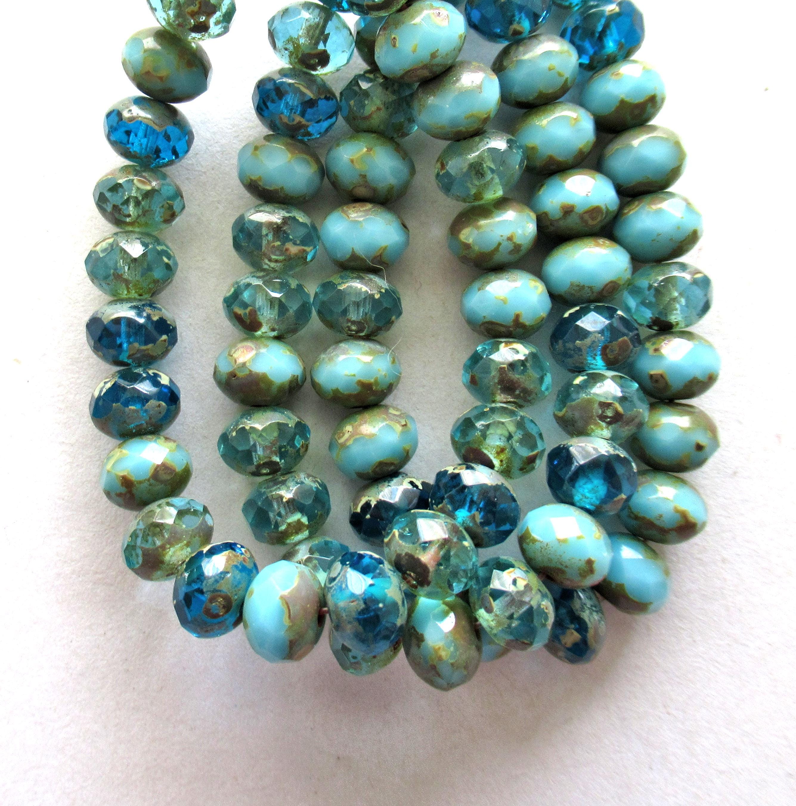 25 Czech glass puffy rondelle or donut beads - 5 x 7mm transparent & opaque blue mix picasso beads - fire polished faceted beads 00181