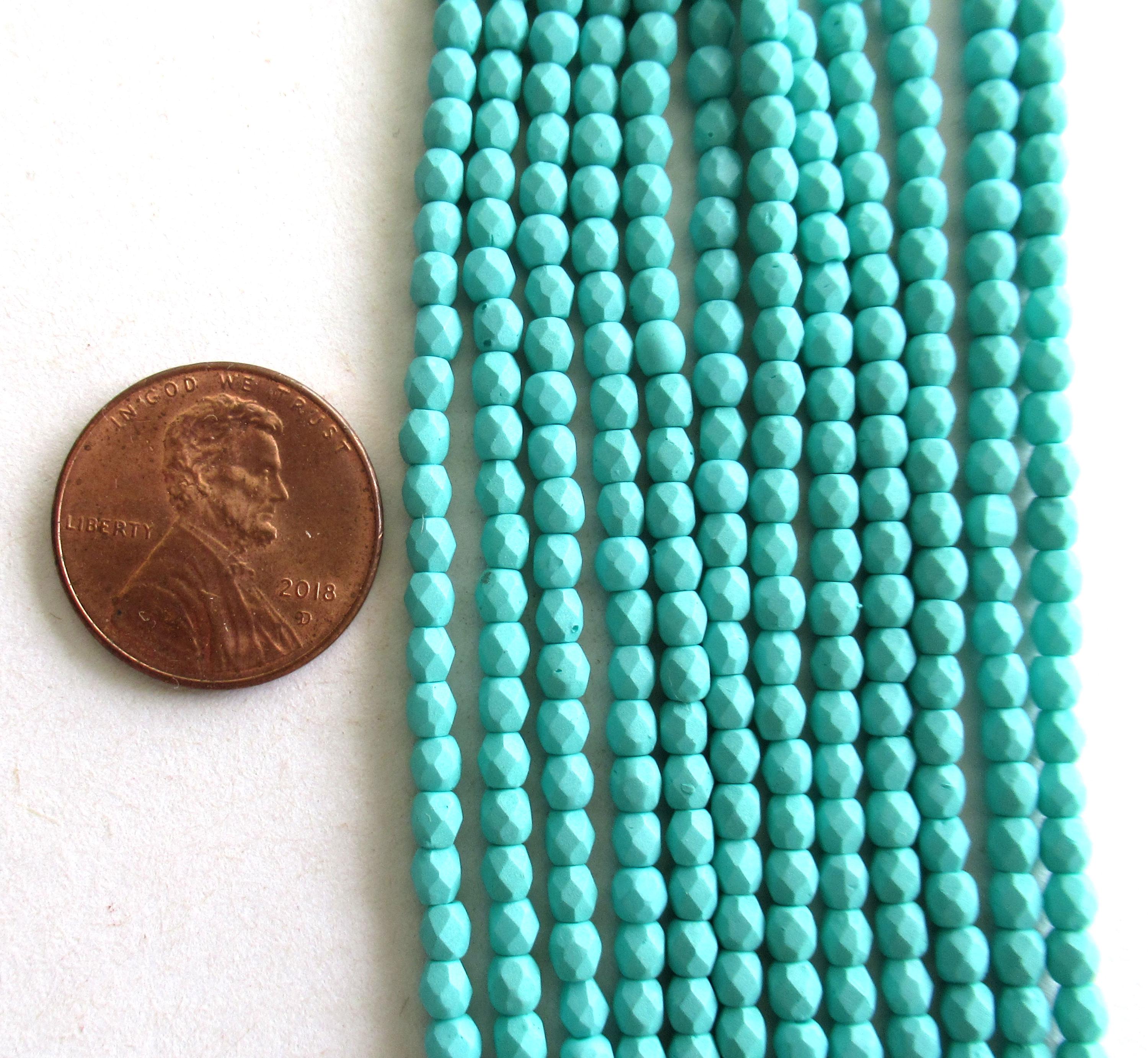 Fifty 3mm Czech glass beads - opaque matte saturated teal / turquoise blue green - fire polished faceted round beads - C0097