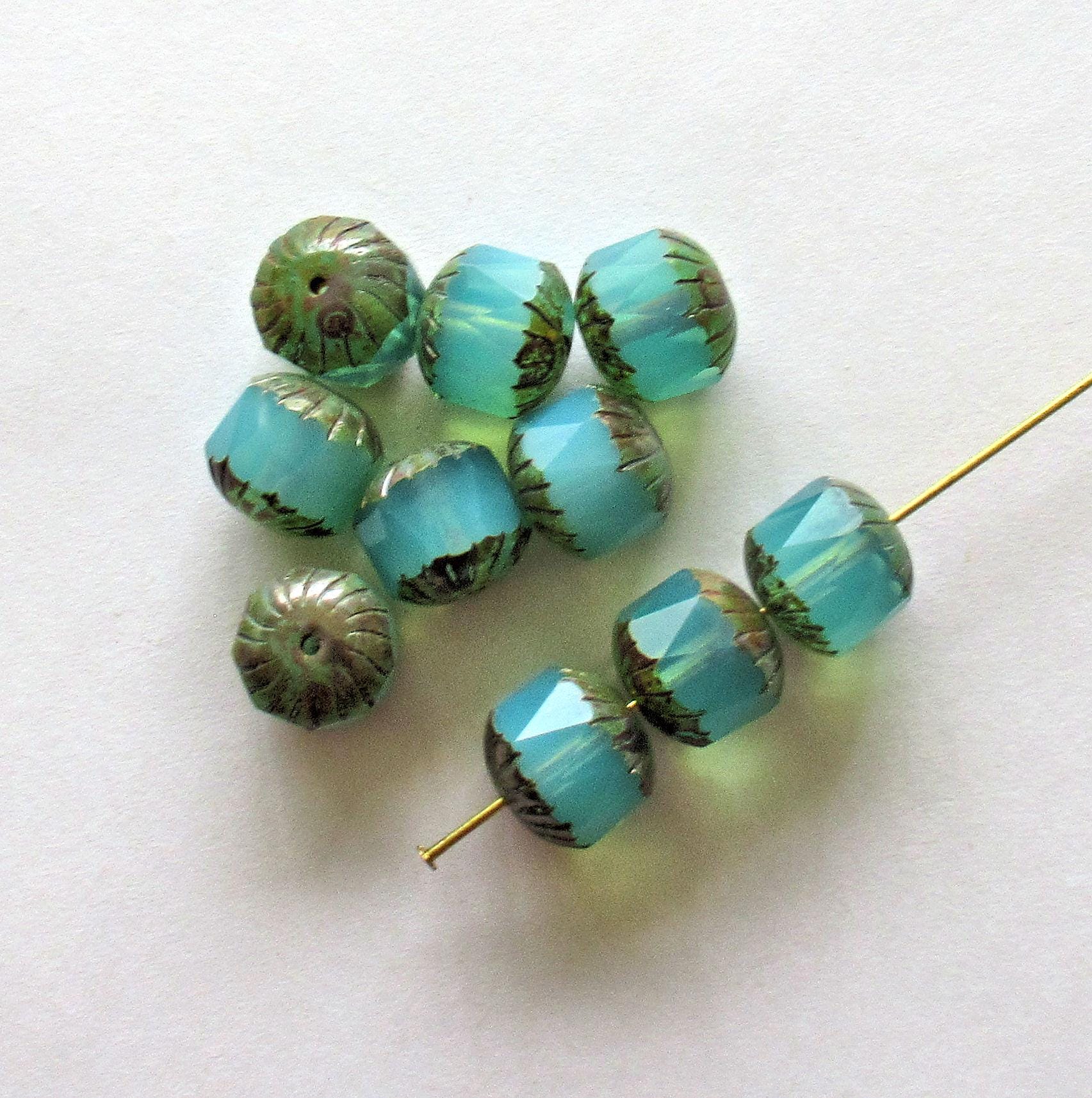 Ten Czech glass faceted carved cruller beads - 10mm - milky aqua blue opal Vaseline glass - cathedral beads w/ picasso accents - 00044