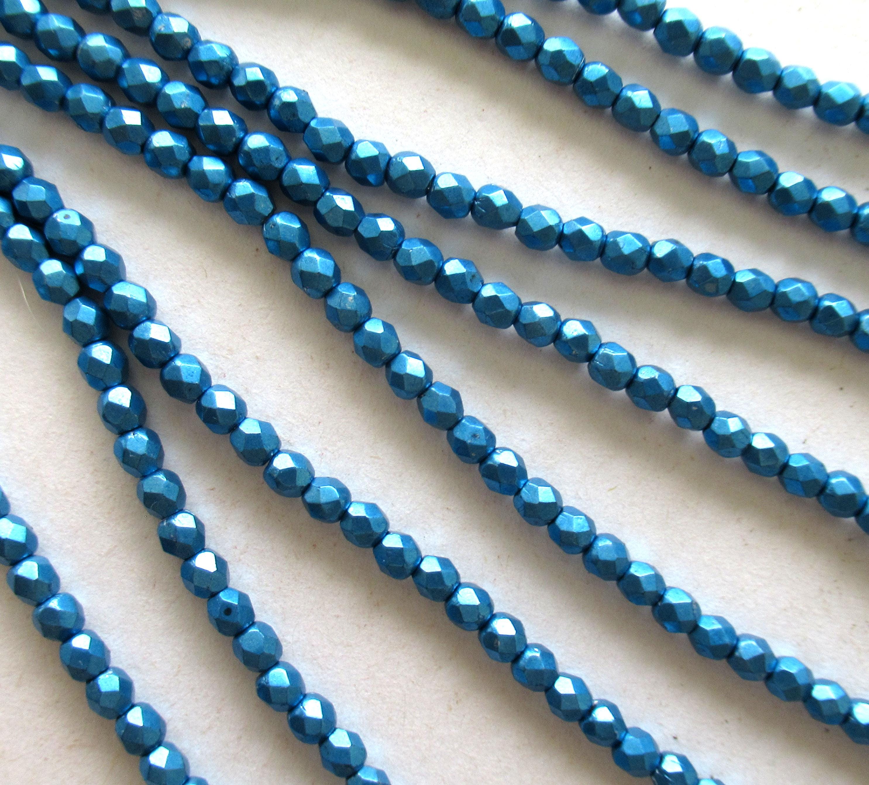 50 3mm Czech round glass beads - saturated metallic nebula blue - faceted fire polished beads - C0083