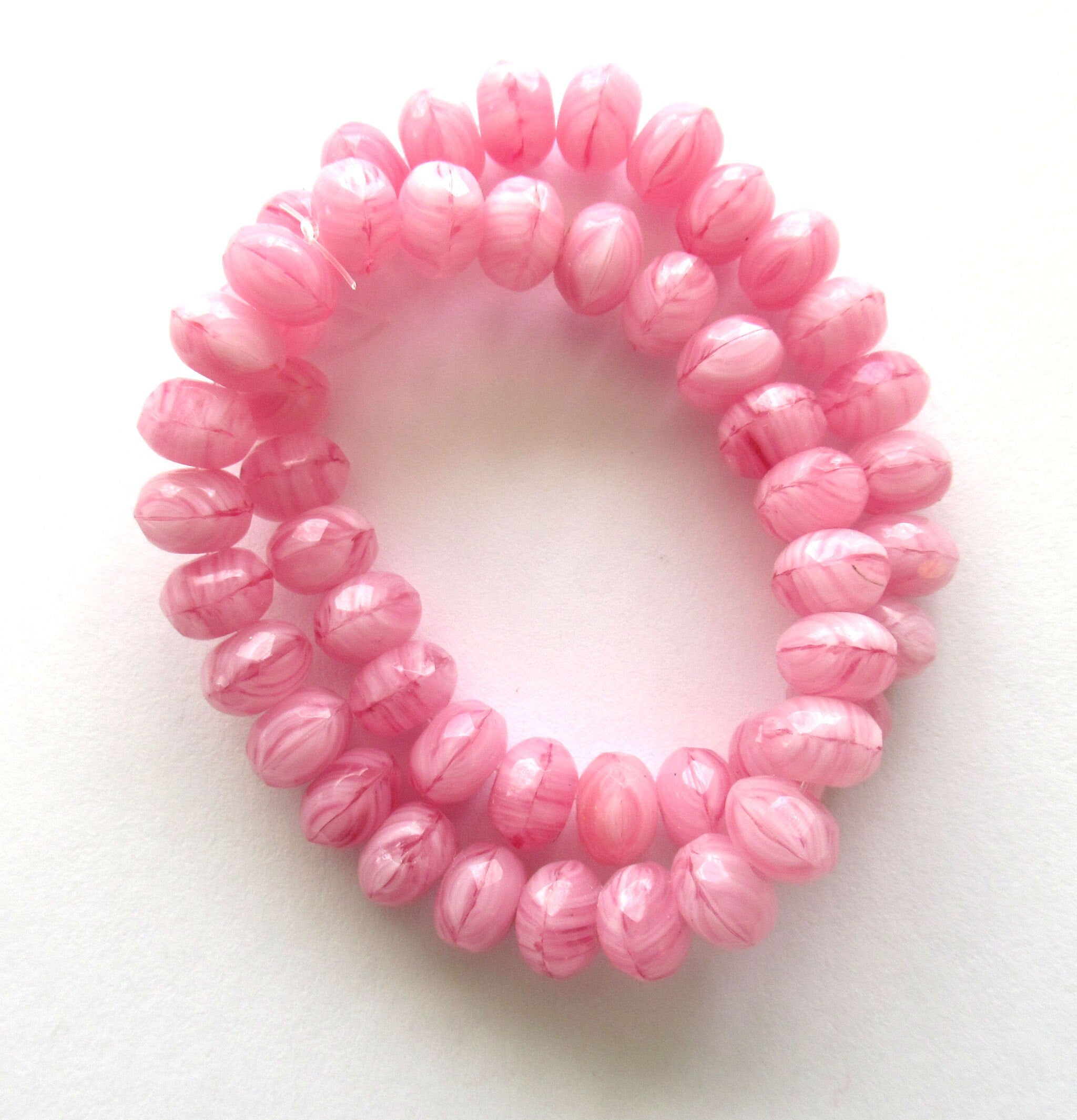 Lot of 25 Czech glass faceted puffy rondelle beads - 5 x 7mm pink & white marbled mix rondelles C00612