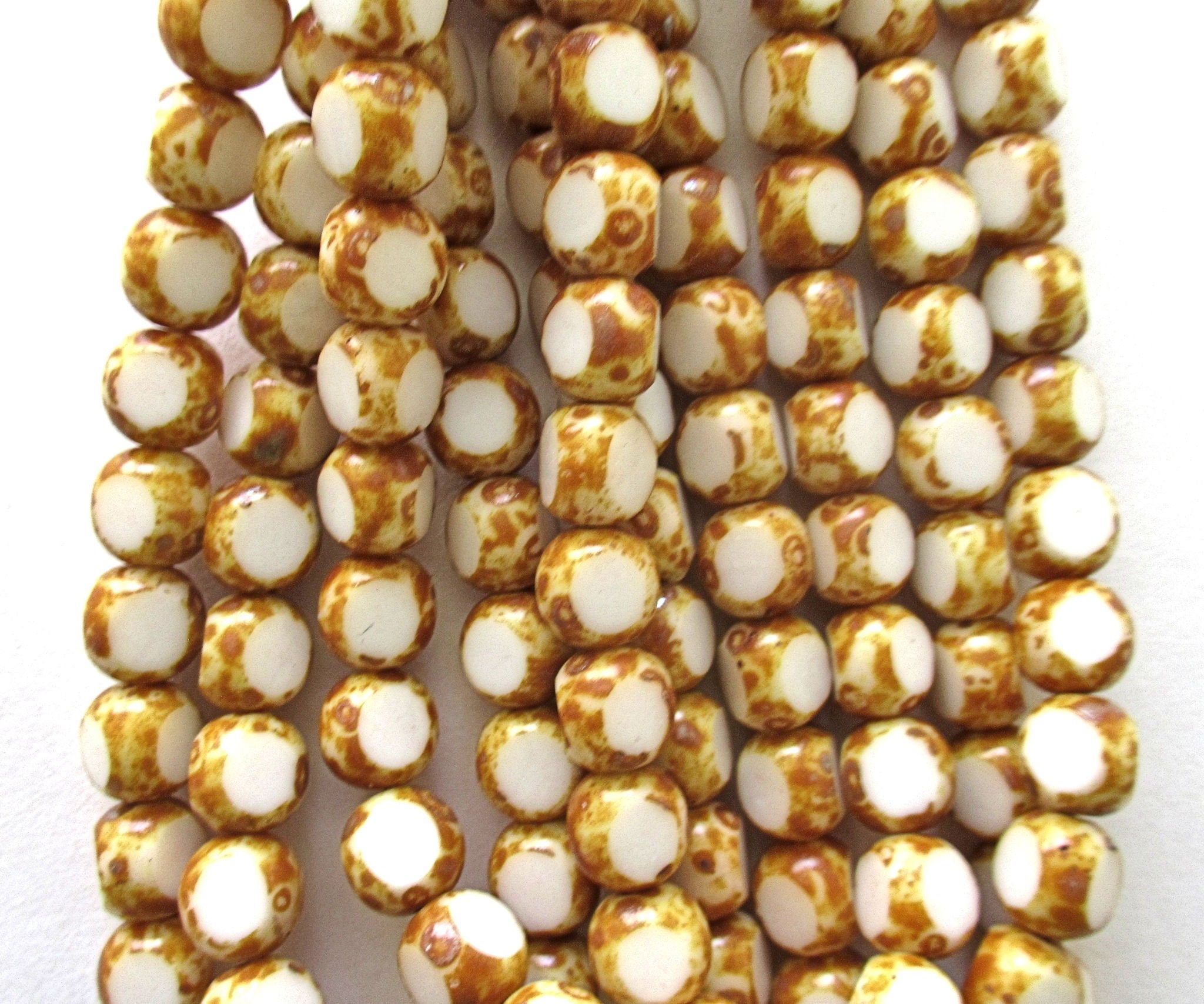 15 round tri-cut Czech glass beads - 8mm opaque white picasso table cut beads - 00521