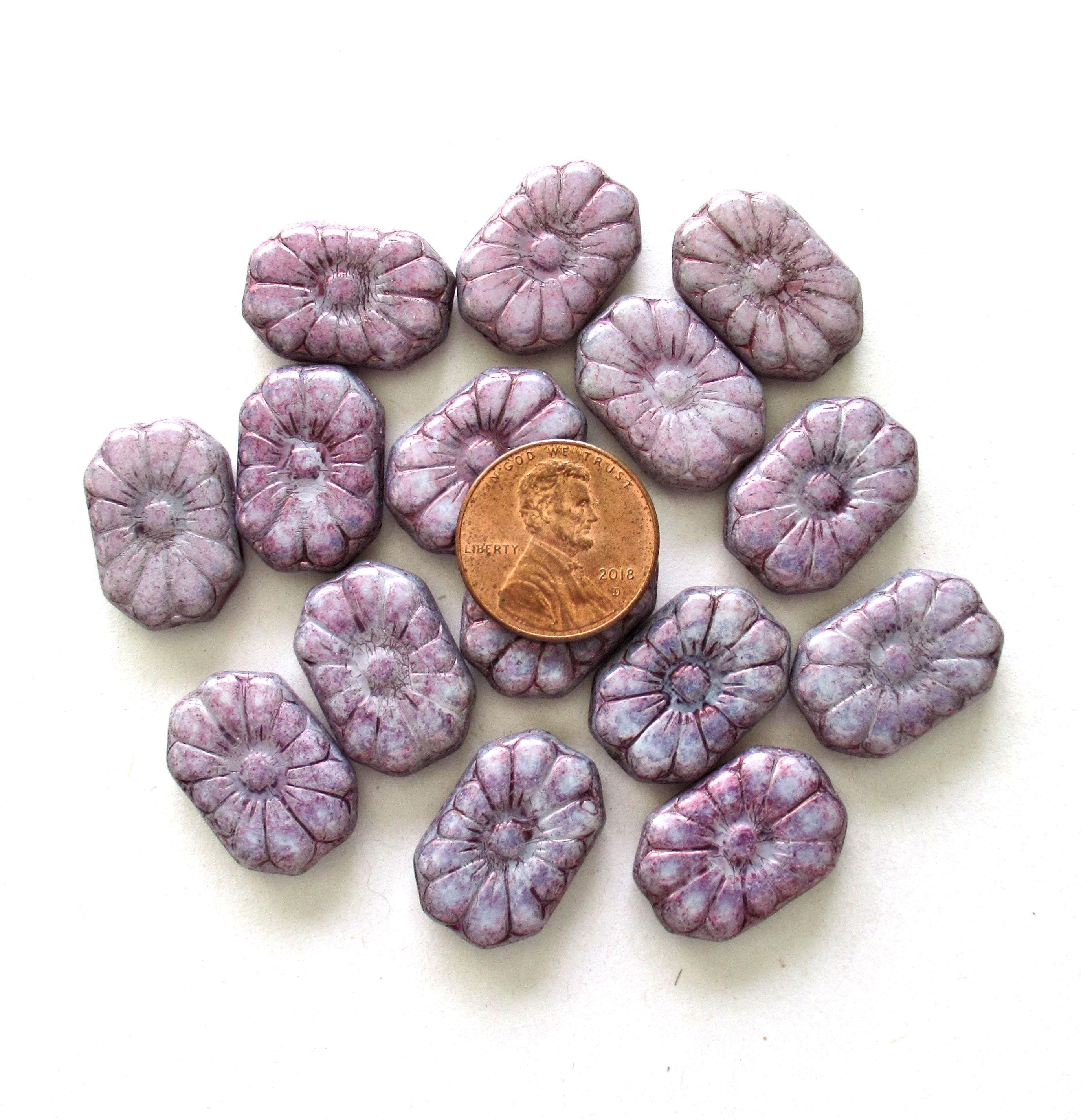 Five large Czech glass flower beads - splotchy purple rectangle beads - focal or statement beads - 19 x 14mm - C00011