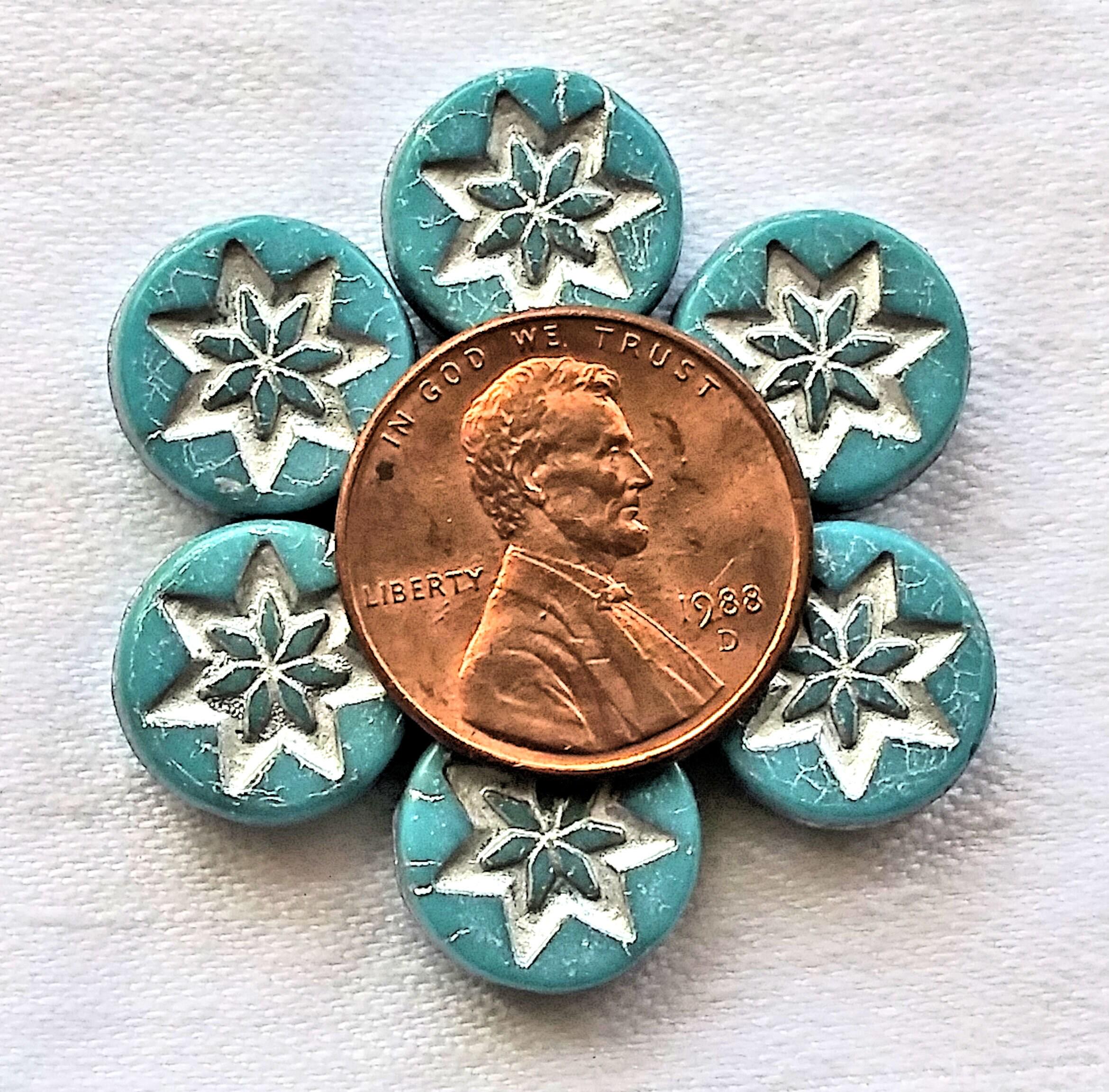 Ten 13mm coin or disc flower beads - opaque arctic blue with a silver wash - Czech glass star beads - 4.5mm thick C08201