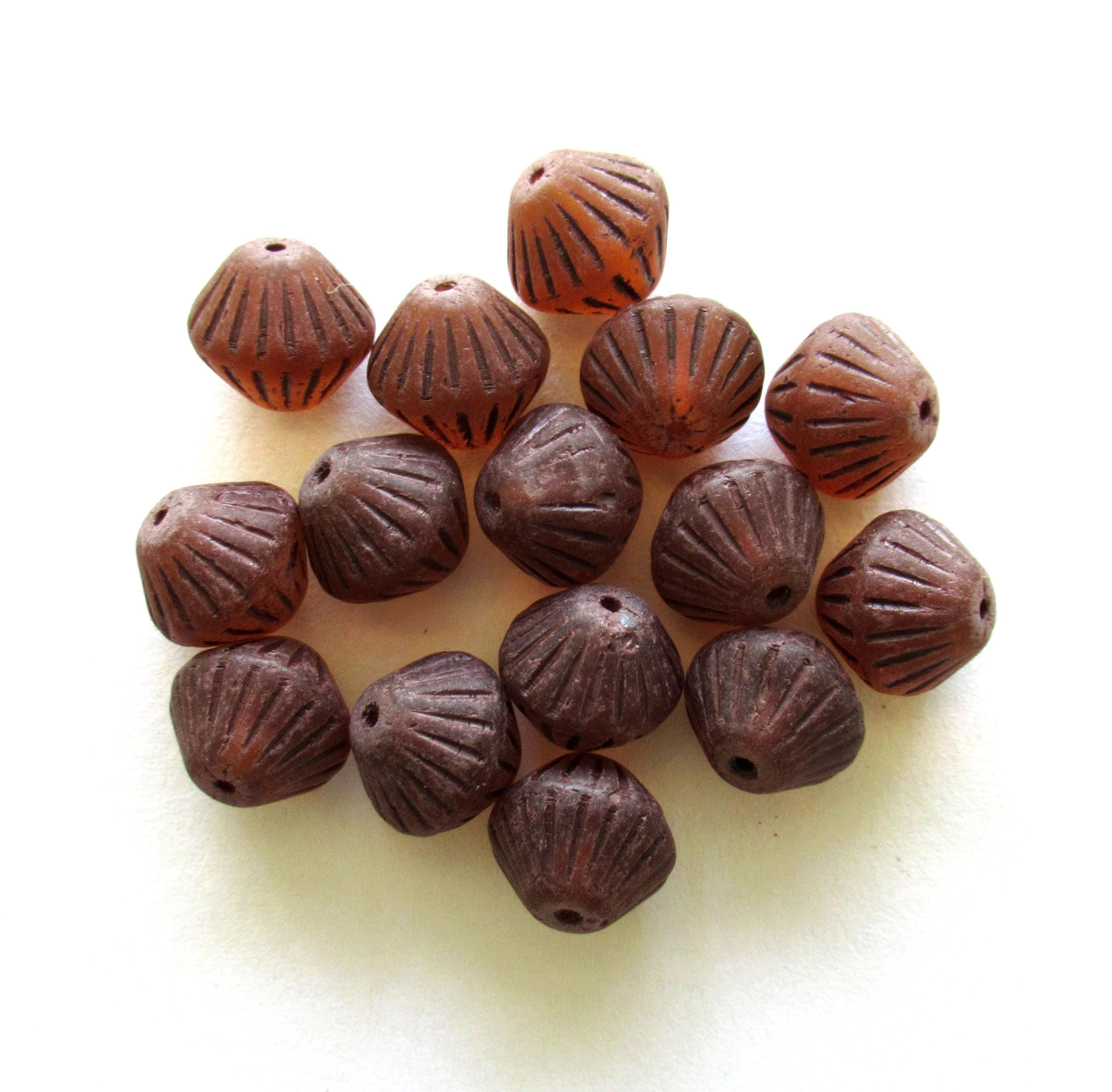 Five Czech glass bicone beads - 11mm x 10mm - translucent matte topaz brown - large chunky, rustic bicones - C0084