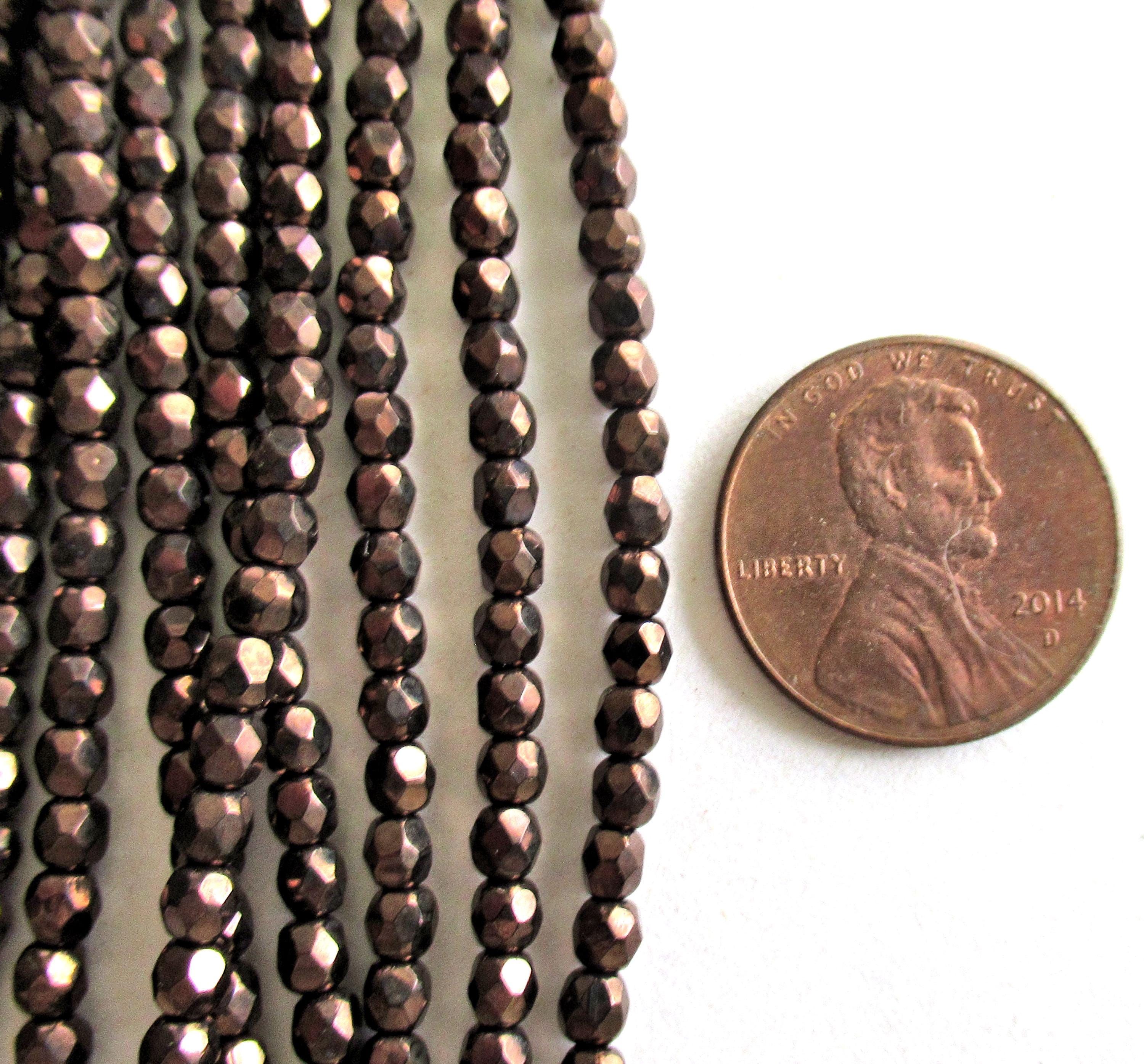 50 3mm Czech glass beads - metallic dark bronze - fire polished faceted round brown beads - C0035