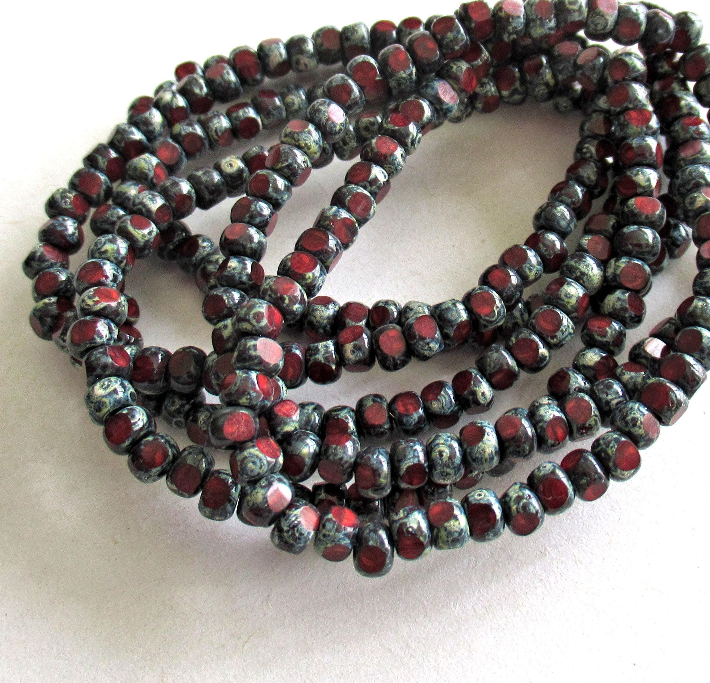 50 4 x 3mm Czech glass Tri cut beads - opaque red picasso earthy rustic 6/0 faceted garnet seed beads C00151