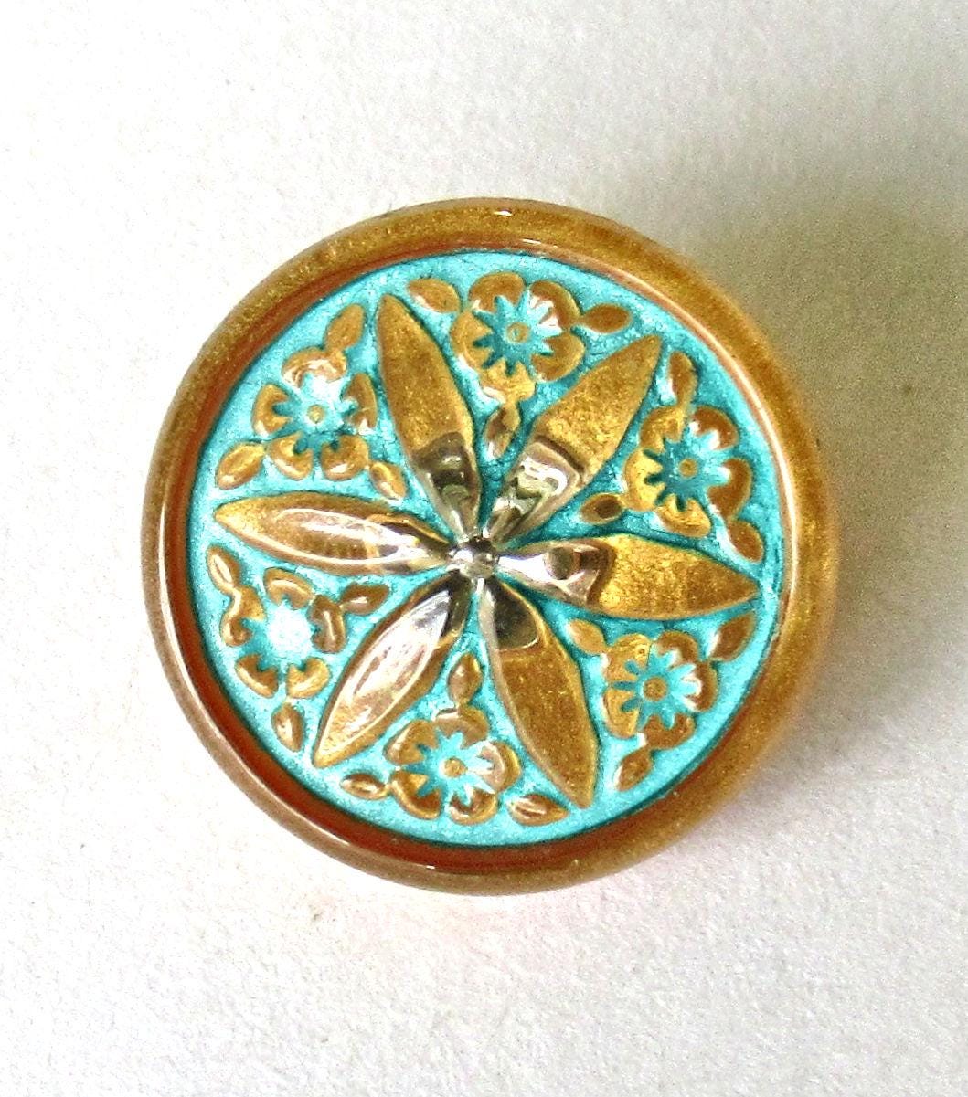 One 18mm Czech glass flower button - gold with a turquoise blue wash - decorative floral shank button - 00392